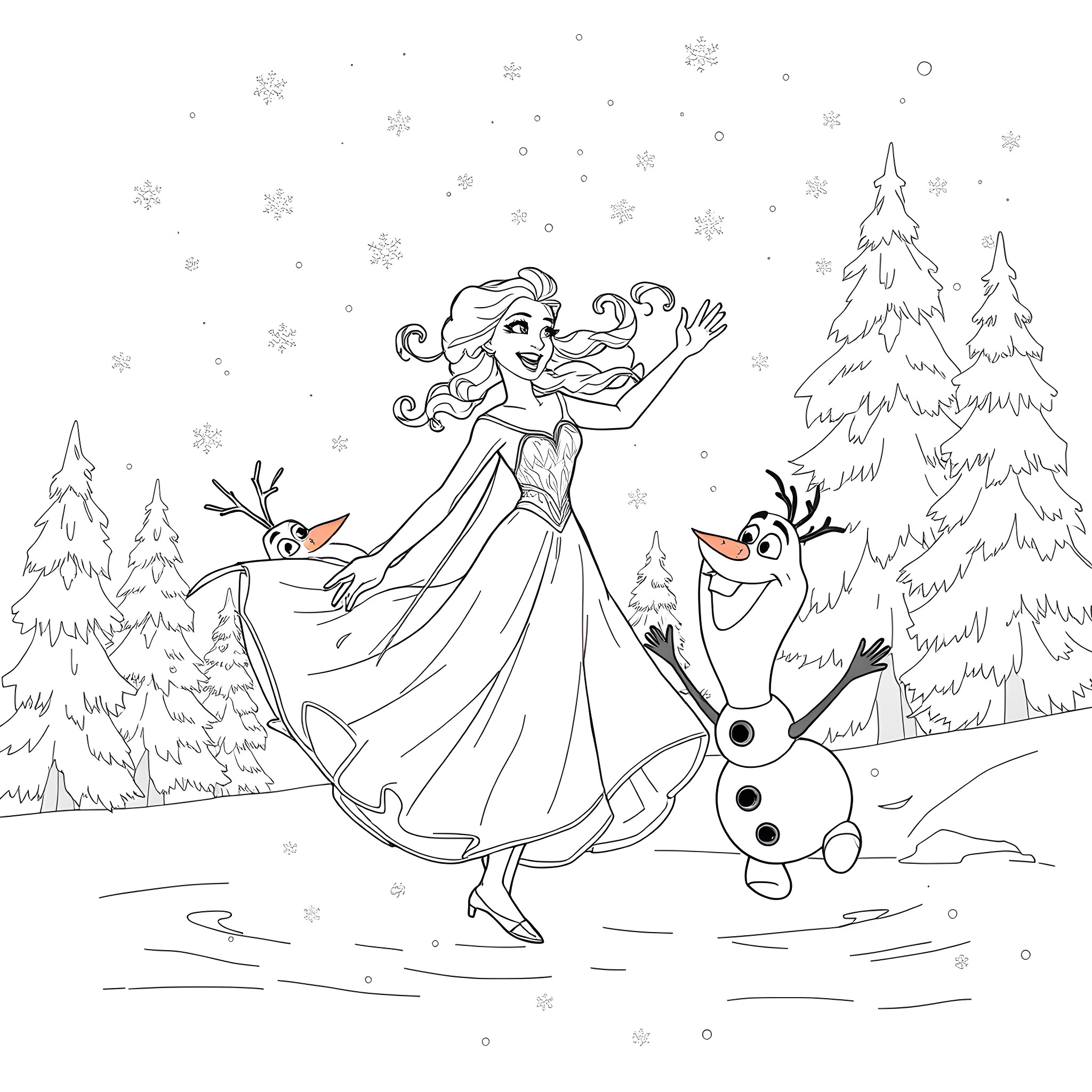Elsa dancing with Olaf in the snow-covered forest Coloring Page (free black-and-white line drawing printable PDF for all, from beginners to advanced learners, including children, teens, adults, and seniors)