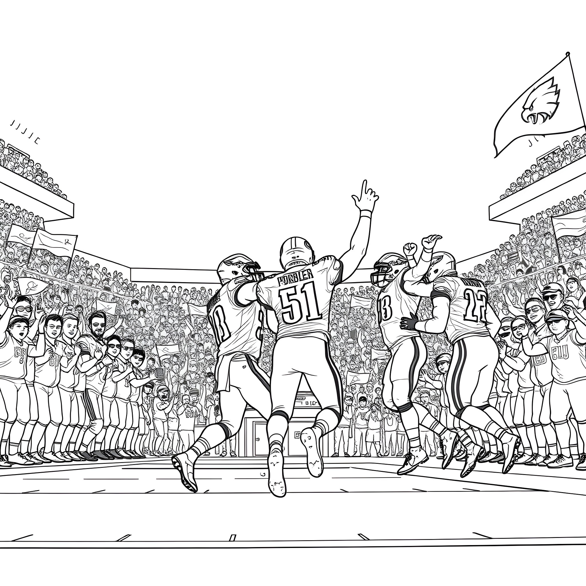 Philadelphia Eagles Players Celebrating Victory on the Field Coloring Page (free black-and-white line drawing printable PDF for all, from beginners to advanced learners, including children, teens, adults, and seniors)
