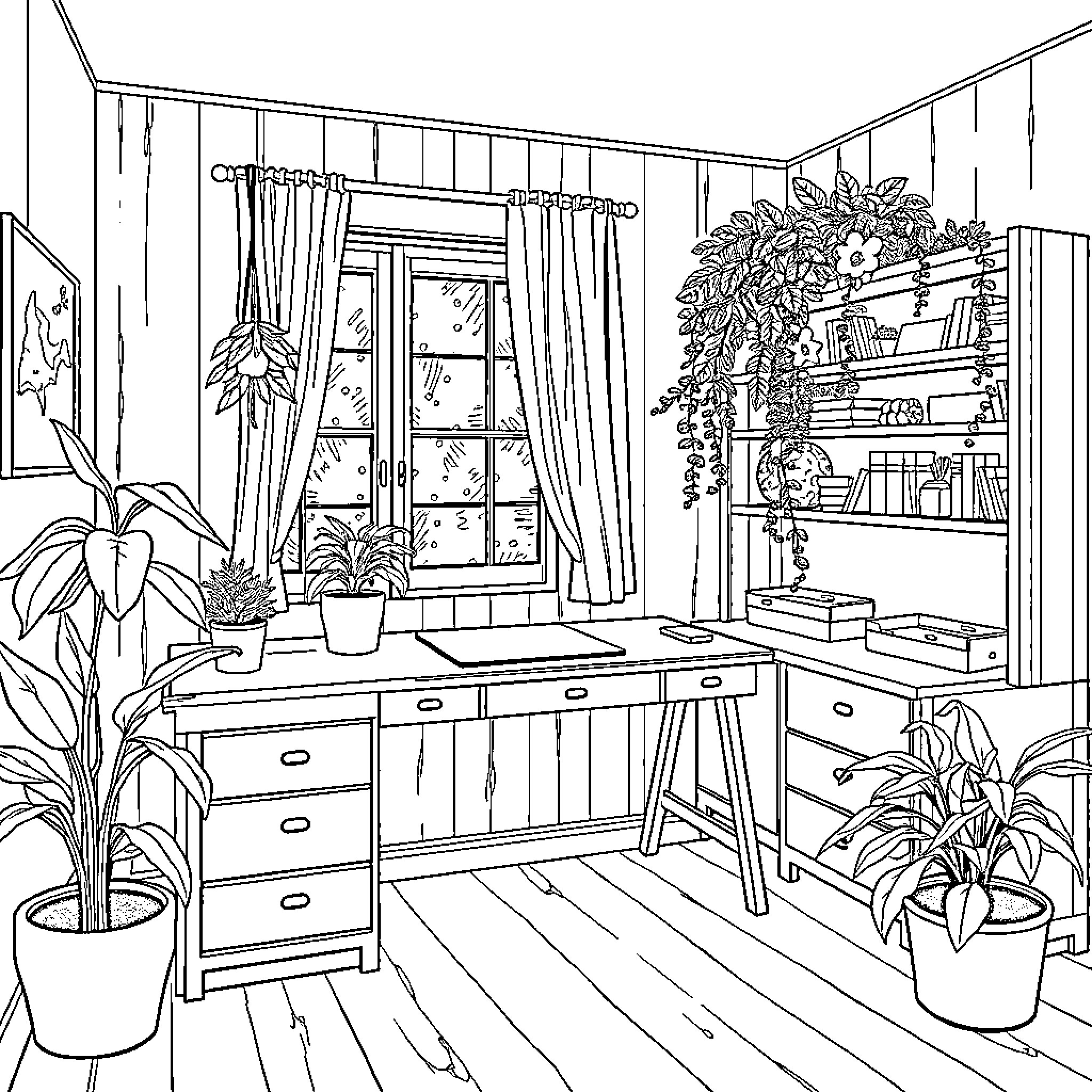 Chambre with creative workspace and natural elements Coloring Page (free black-and-white line drawing printable PDF for all, from beginners to advanced learners, including children, teens, adults, and seniors)