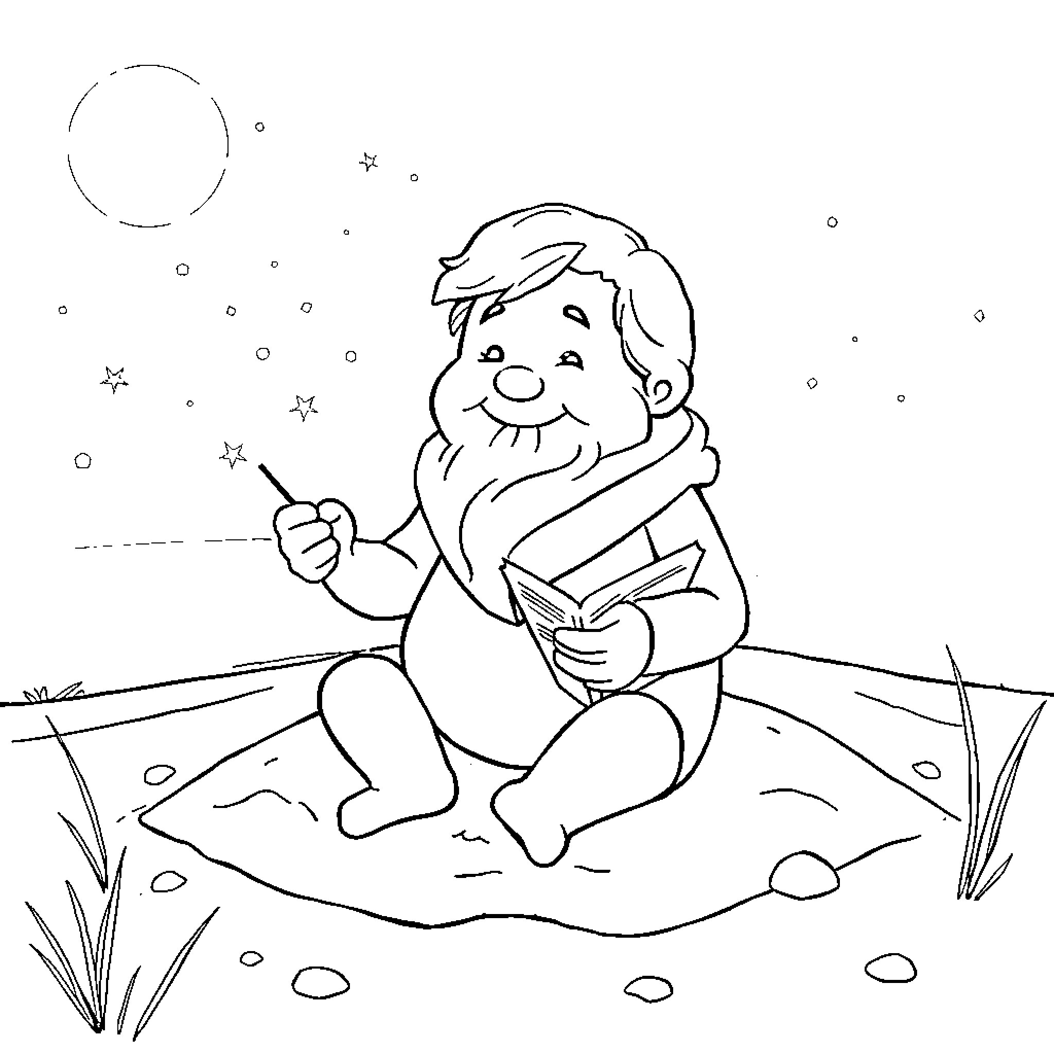 Sandman reading a book under the stars Coloring Page (free black-and-white line drawing printable PDF for all, from beginners to advanced learners, including children, teens, adults, and seniors)