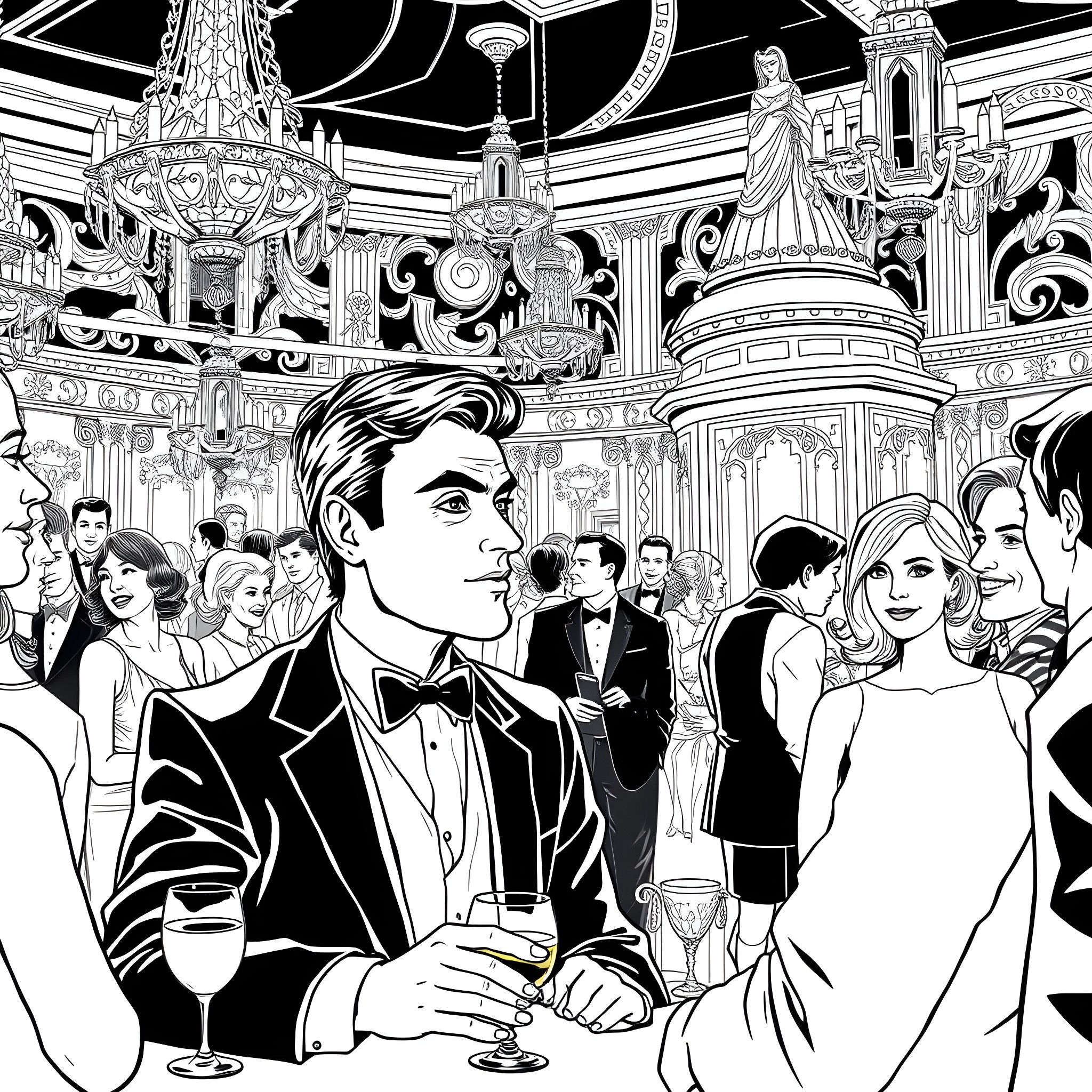 Owl Gala: Opulent Ballroom with Elegant Guests Coloring Page (free black-and-white line drawing printable PDF for all, from beginners to advanced learners, including children, teens, adults, and seniors)