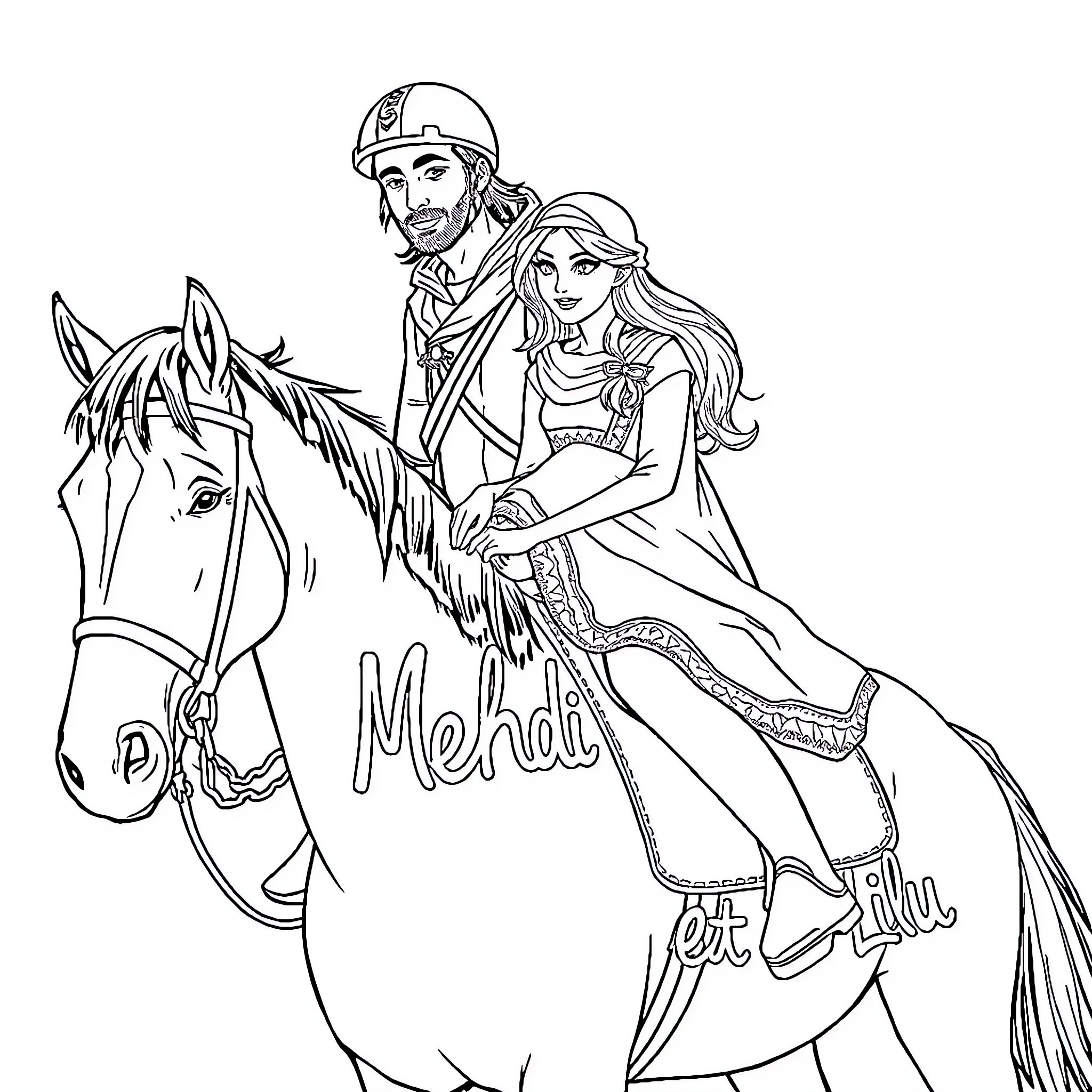 Horse riders in traditional attire exploring the outdoors Coloring Page (free black-and-white line drawing printable PDF for all, from beginners to advanced learners, including children, teens, adults, and seniors)