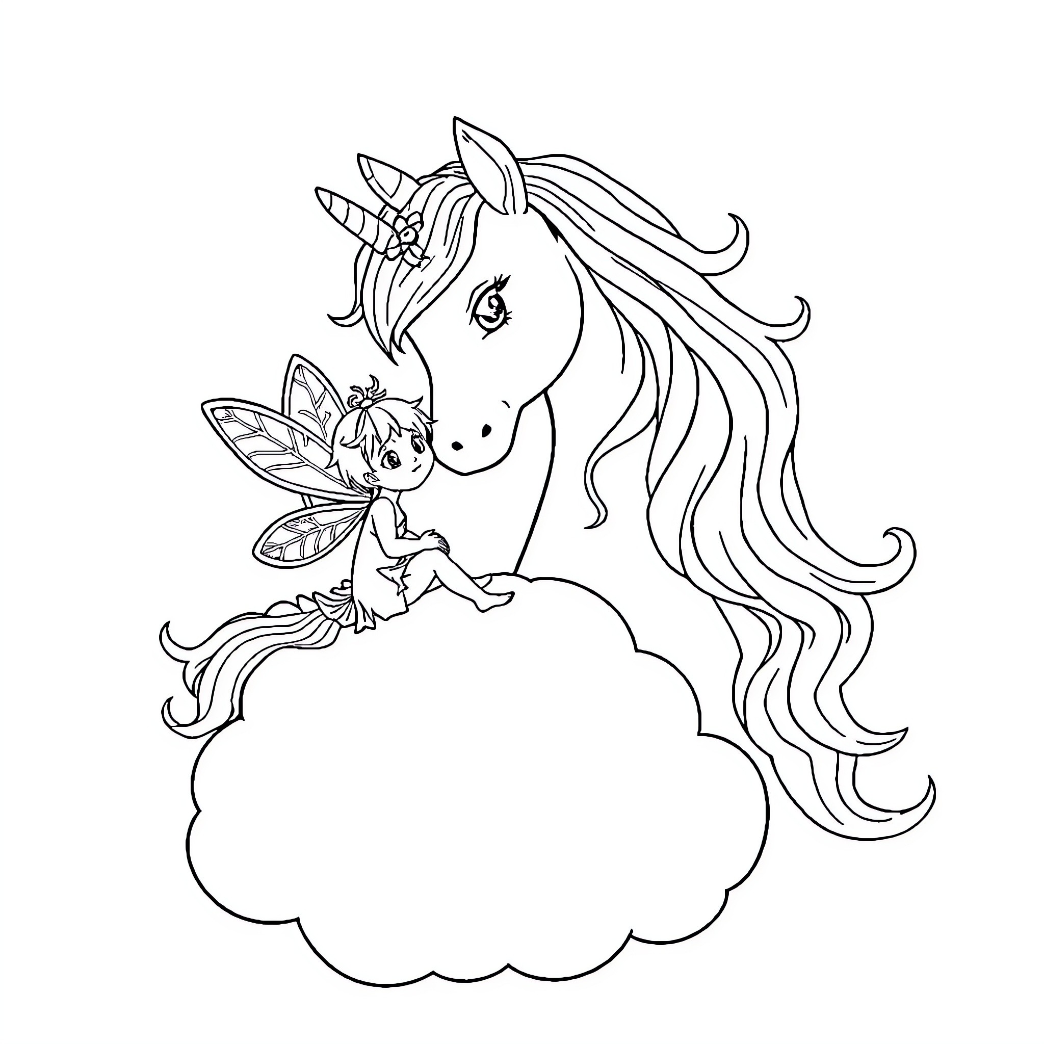 Fairy and Unicorn Playing on Clouds Coloring Page (free black-and-white line drawing printable PDF for all, from beginners to advanced learners, including children, teens, adults, and seniors)