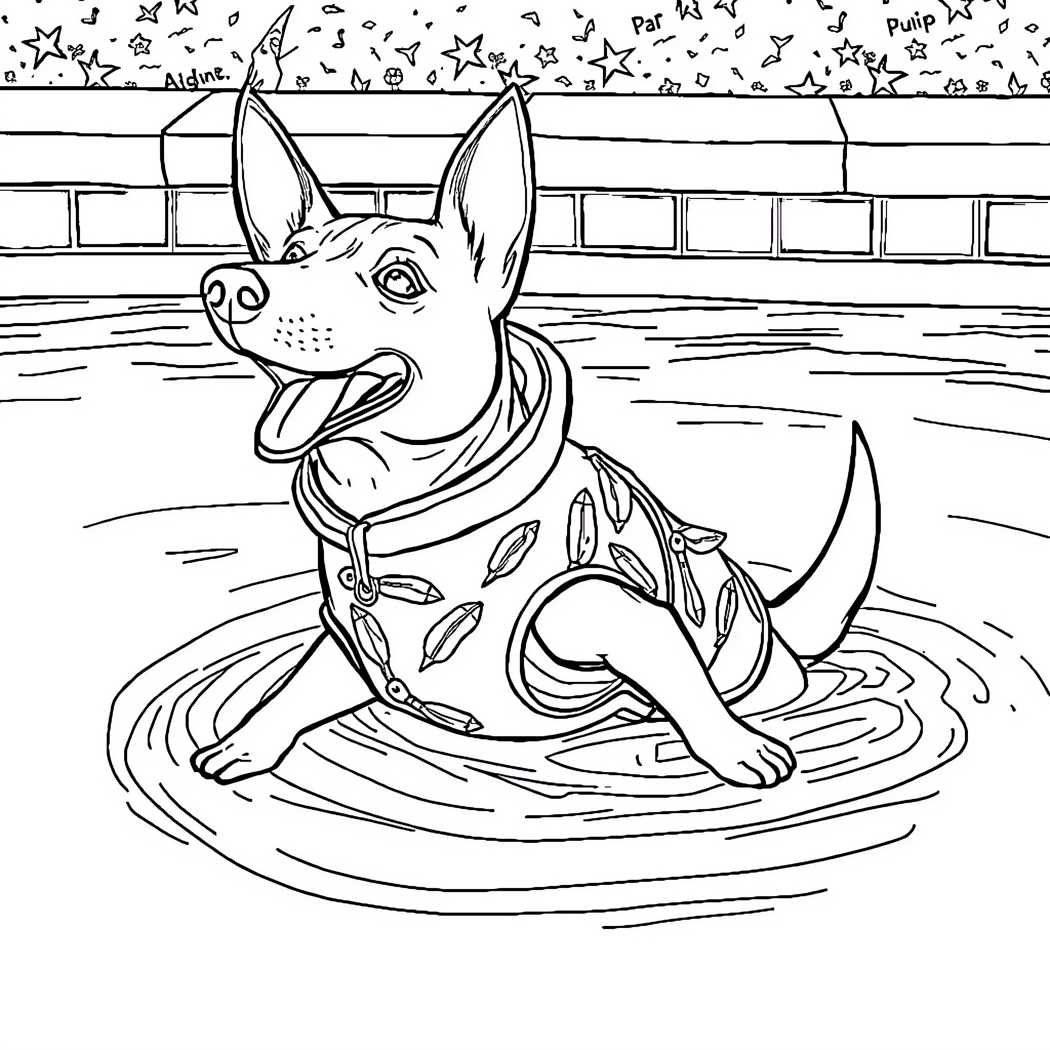 Dog playing happily in the water Coloring Page (free black-and-white line drawing printable PDF for all, from beginners to advanced learners, including children, teens, adults, and seniors)