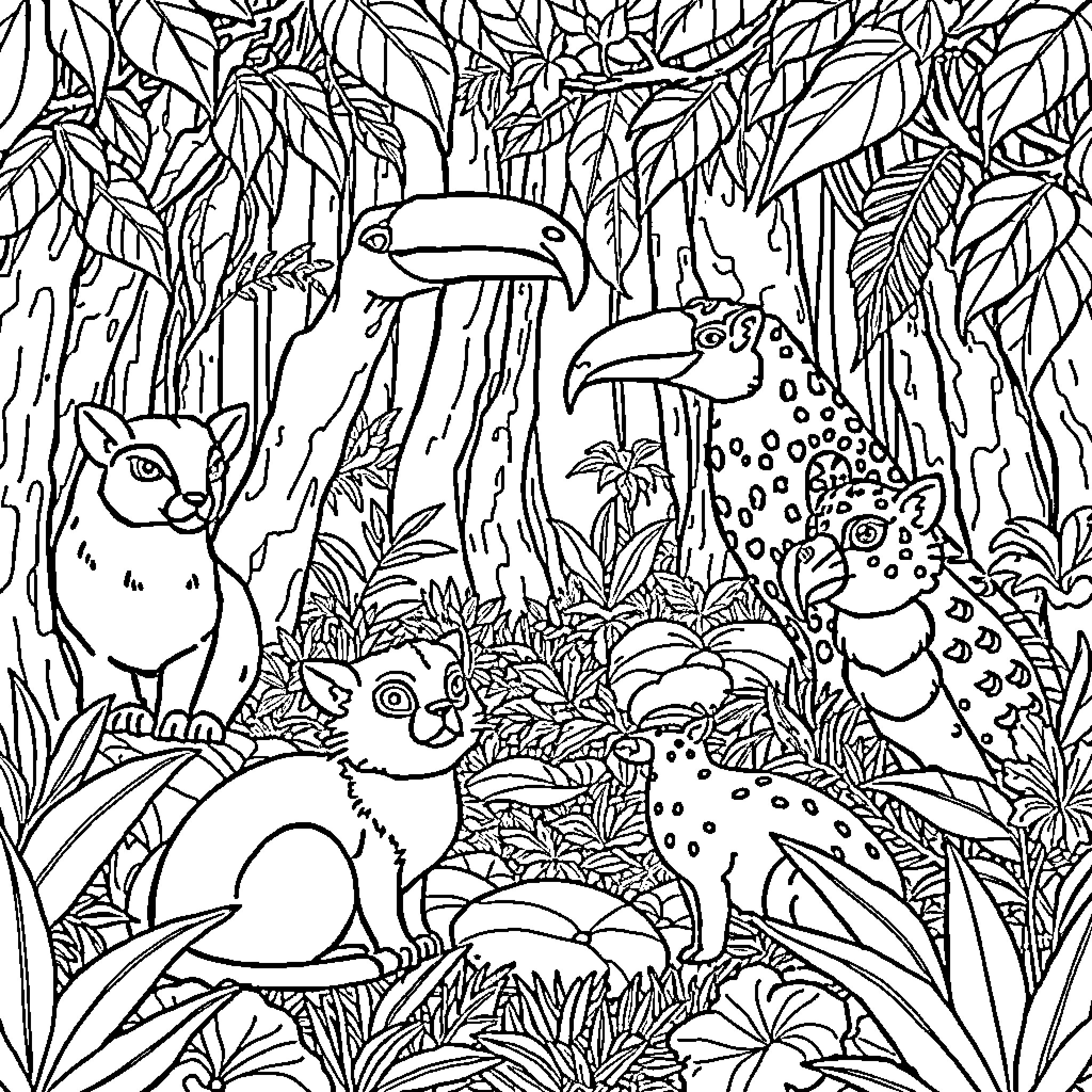Animal friends in a lush forest landscape Coloring Page (free black-and-white line drawing printable PDF for all, from beginners to advanced learners, including children, teens, adults, and seniors)