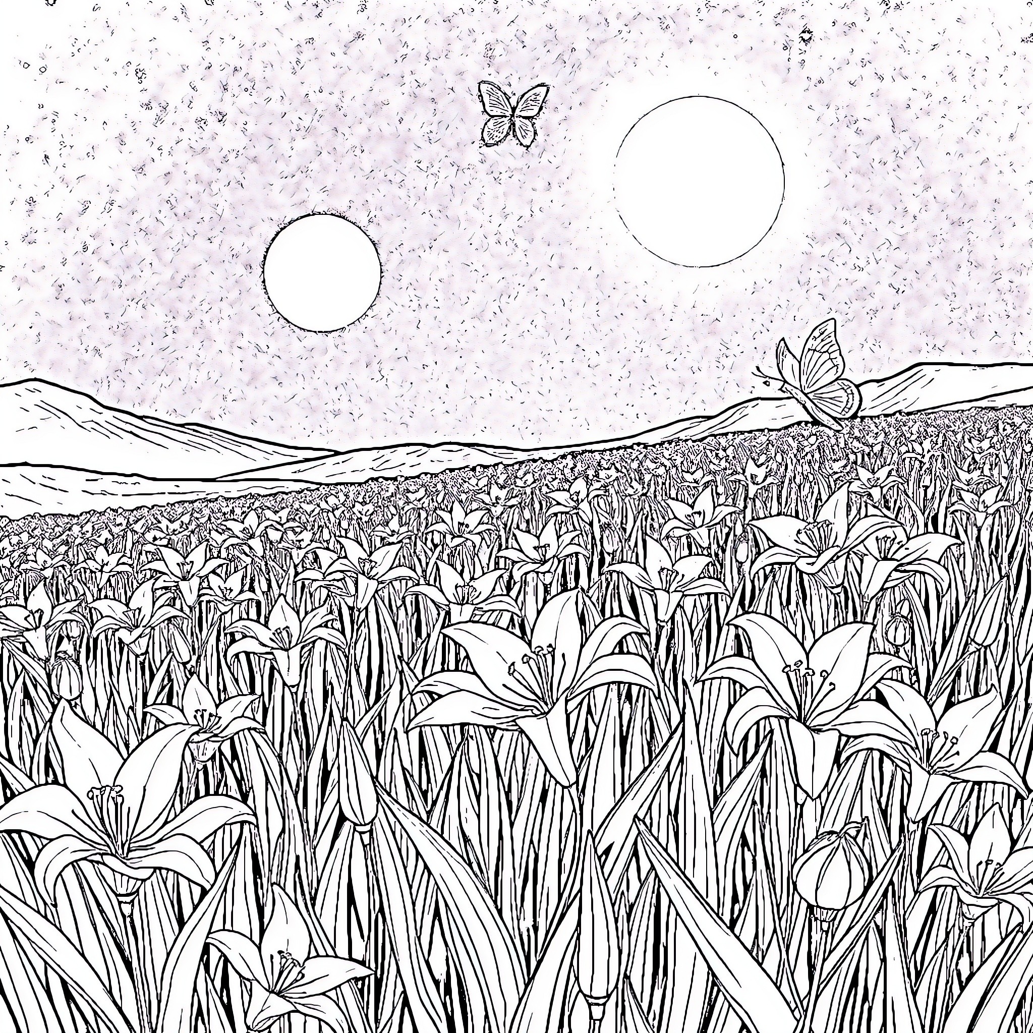 Lily's Fantasy Garden with Butterflies Coloring Page (free black-and-white line drawing printable PDF for all, from beginners to advanced learners, including children, teens, adults, and seniors)