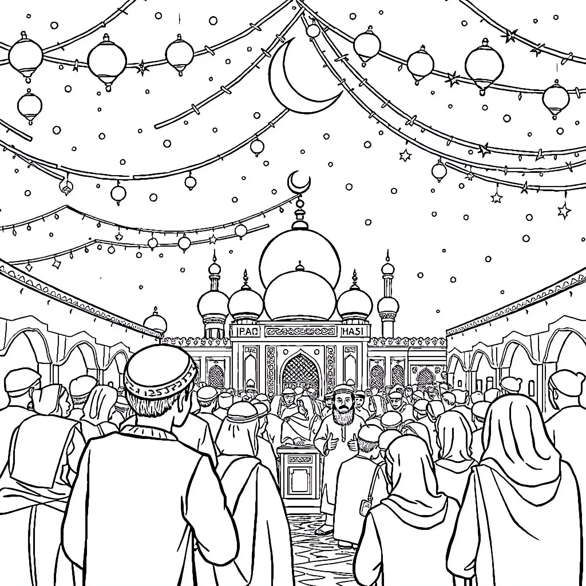Maulid Nabi: Celebratory gathering at the mosque Coloring Page (free black-and-white line drawing printable PDF for all, from beginners to advanced learners, including children, teens, adults, and seniors)