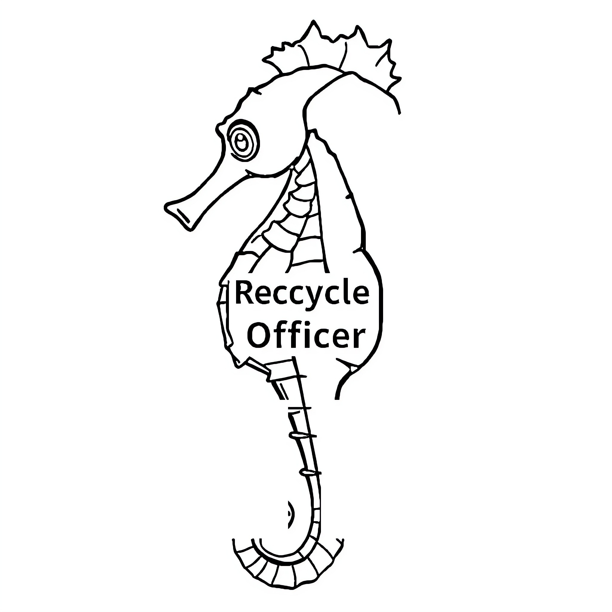 Seahorse Recycle Officer Coloring Page (free black-and-white line drawing printable PDF for all, from beginners to advanced learners, including children, teens, adults, and seniors)