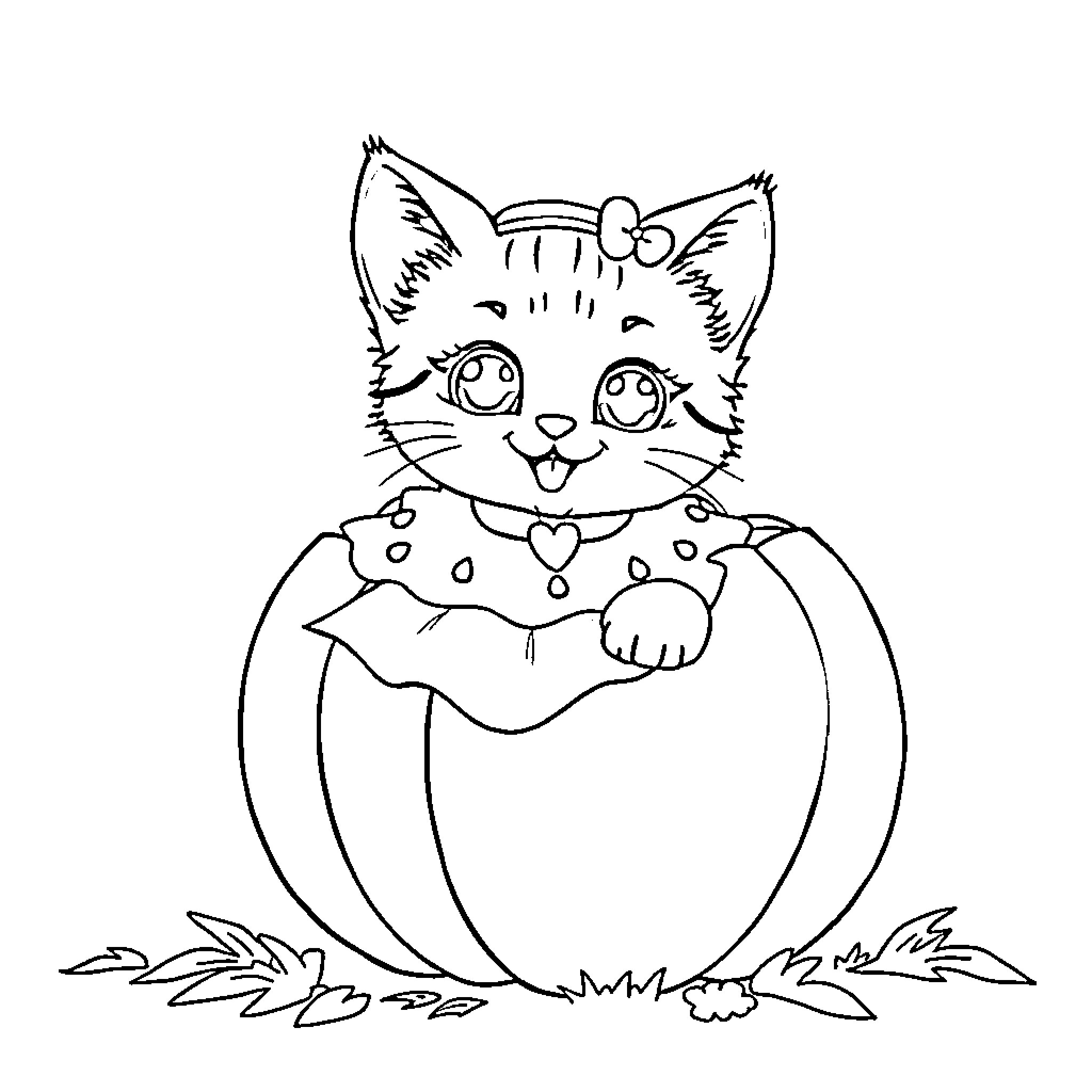 Kitten in a Pumpkin Coloring Page (free black-and-white line drawing printable PDF for all, from beginners to advanced learners, including children, teens, adults, and seniors)