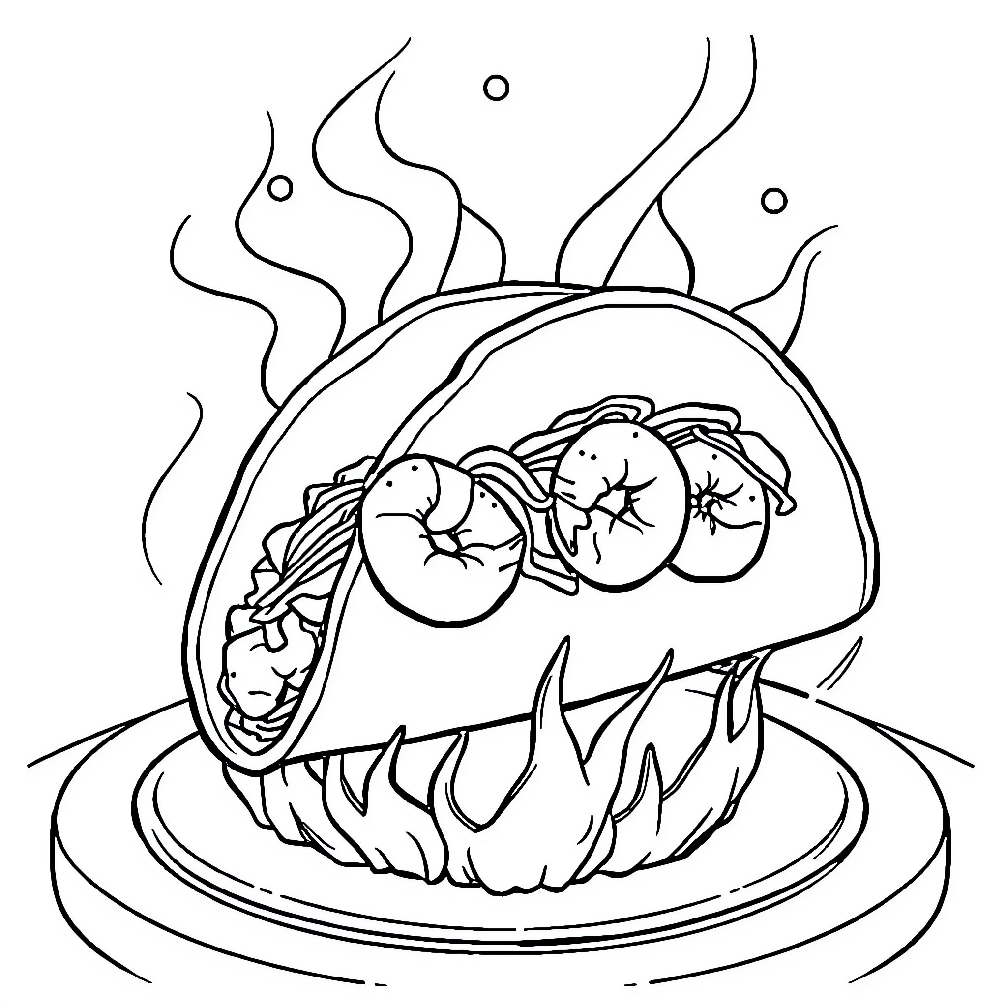 Taco Overflowing with Delicious Fillings Coloring Page (free black-and-white line drawing printable PDF for all, from beginners to advanced learners, including children, teens, adults, and seniors)