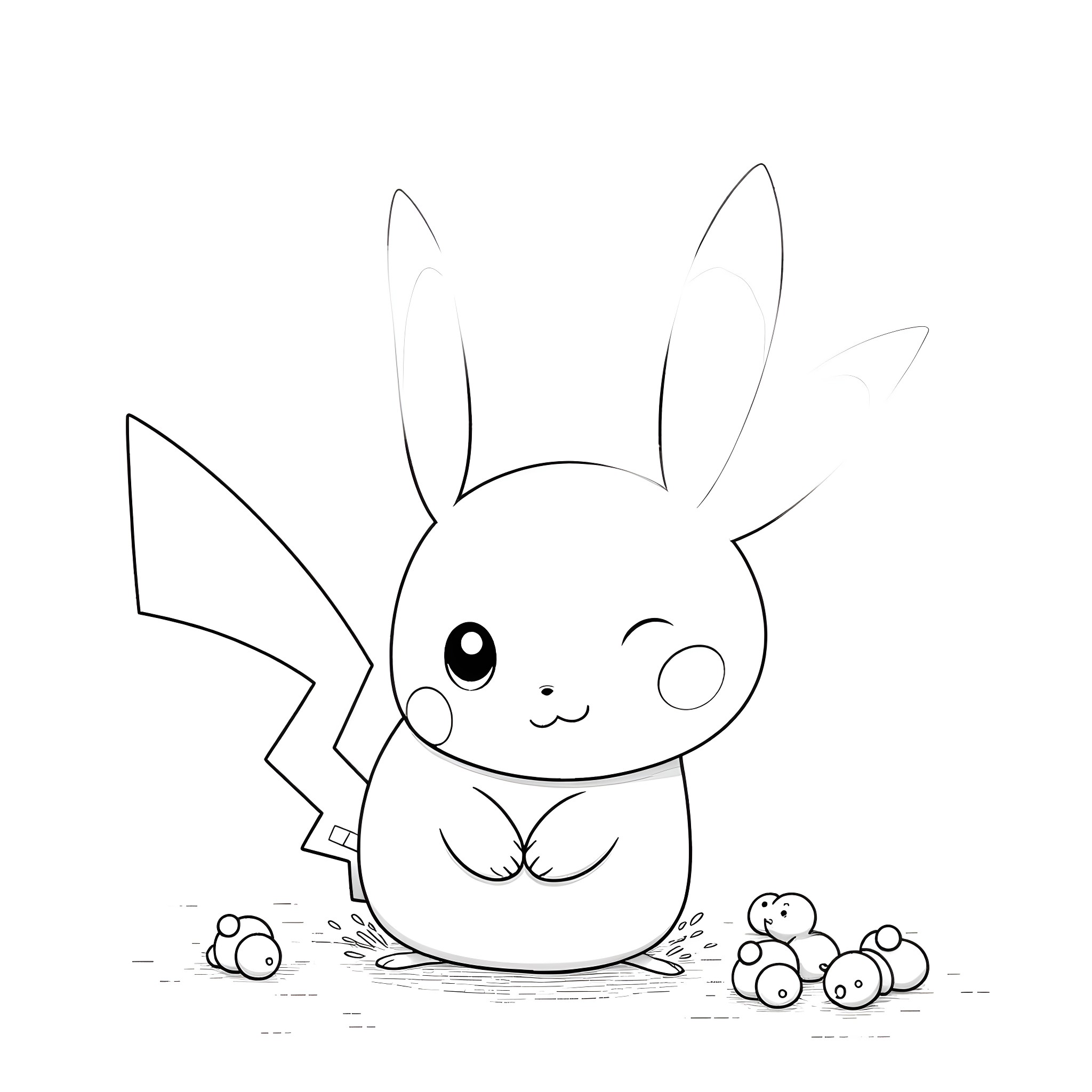 Pikachu playing with baby Pikachus in a field Coloring Page (free black-and-white line drawing printable PDF for all, from beginners to advanced learners, including children, teens, adults, and seniors)