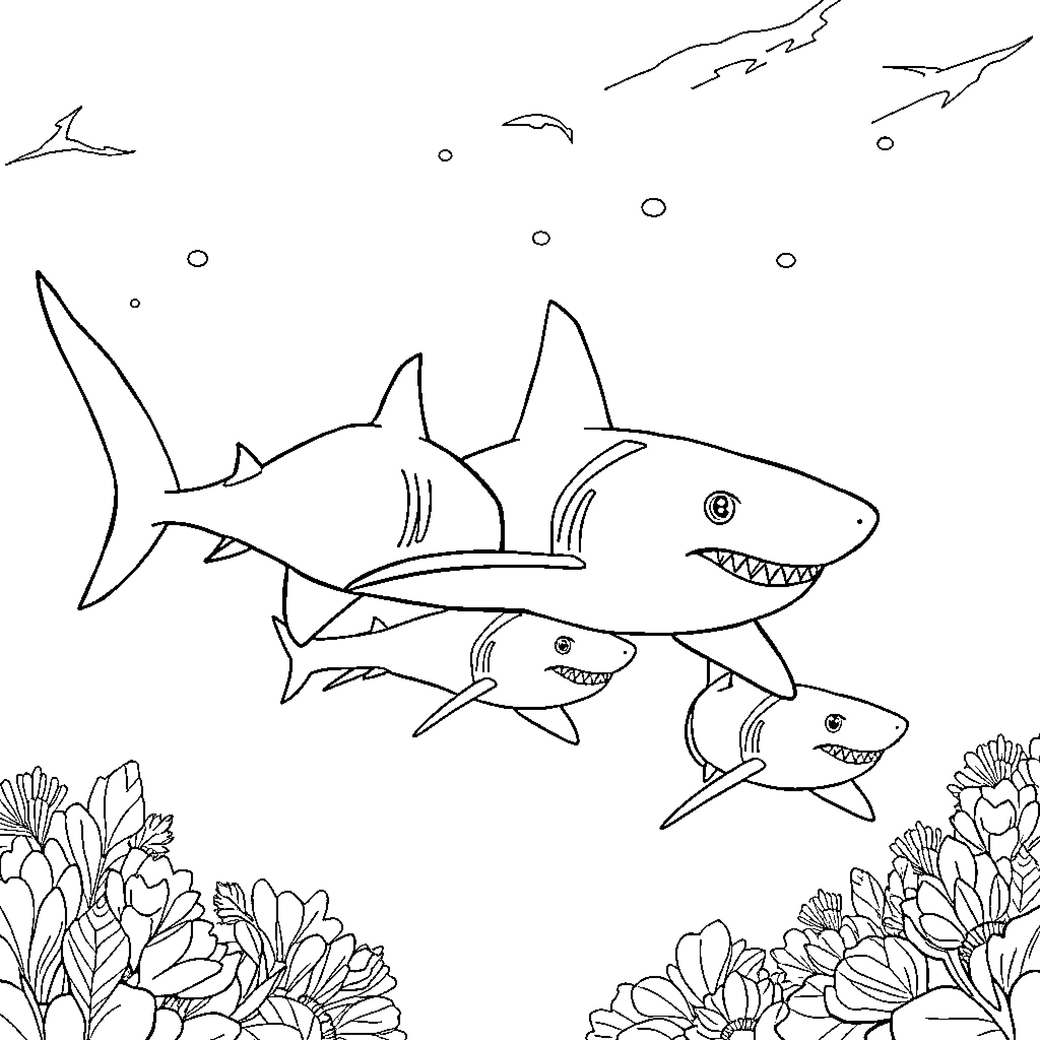 Sharks swimming in the ocean near coral reefs Coloring Page (free black-and-white line drawing printable PDF for all, from beginners to advanced learners, including children, teens, adults, and seniors)