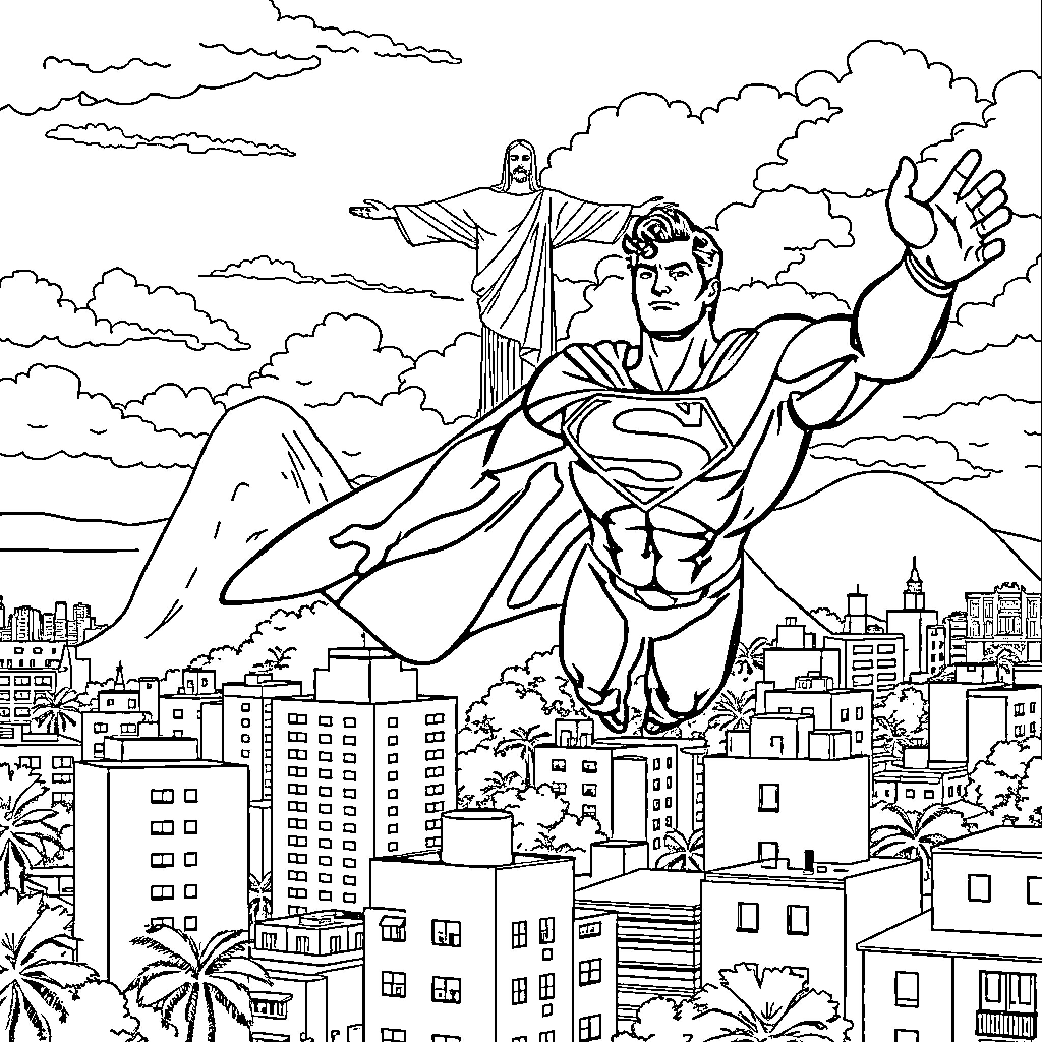 Superman heroically soaring over city skyline Coloring Page (free black-and-white line drawing printable PDF for all, from beginners to advanced learners, including children, teens, adults, and seniors)