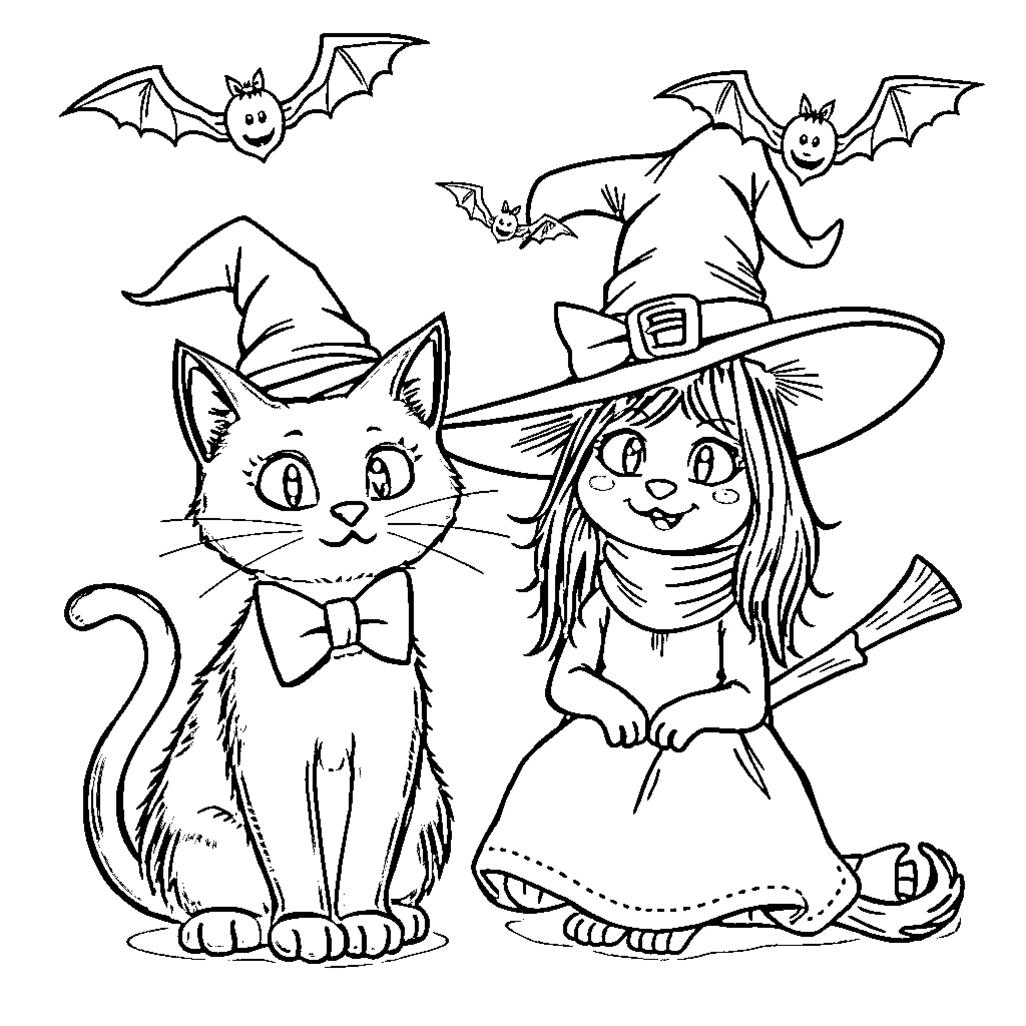 Cat and witch in Halloween scene Coloring Page (free black-and-white line drawing printable PDF for all, from beginners to advanced learners, including children, teens, adults, and seniors)