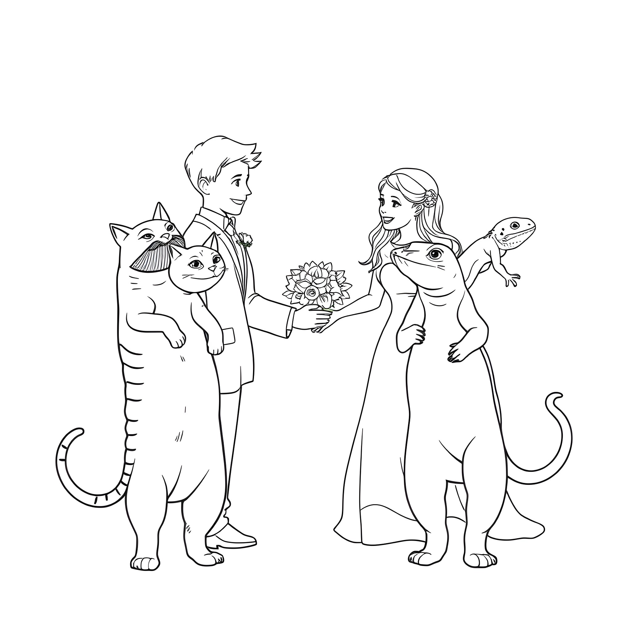 Couple with pets sharing flowers Coloring Page (free black-and-white line drawing printable PDF for all, from beginners to advanced learners, including children, teens, adults, and seniors)