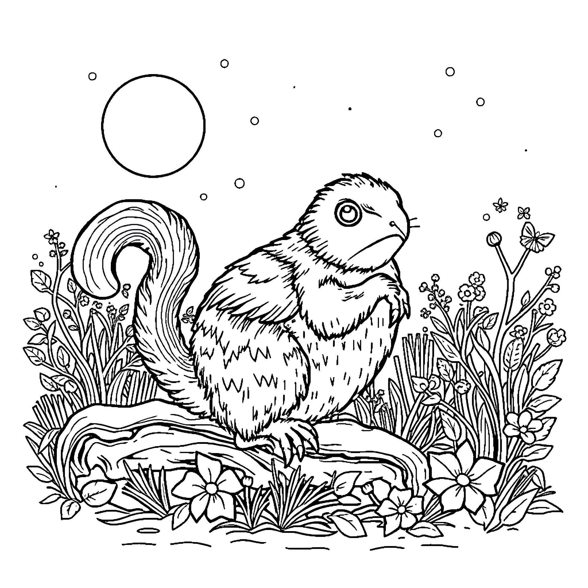 Dwarf Rabbit Amid Enchanting Floral Scenery Coloring Page (free black-and-white line drawing printable PDF for all, from beginners to advanced learners, including children, teens, adults, and seniors)