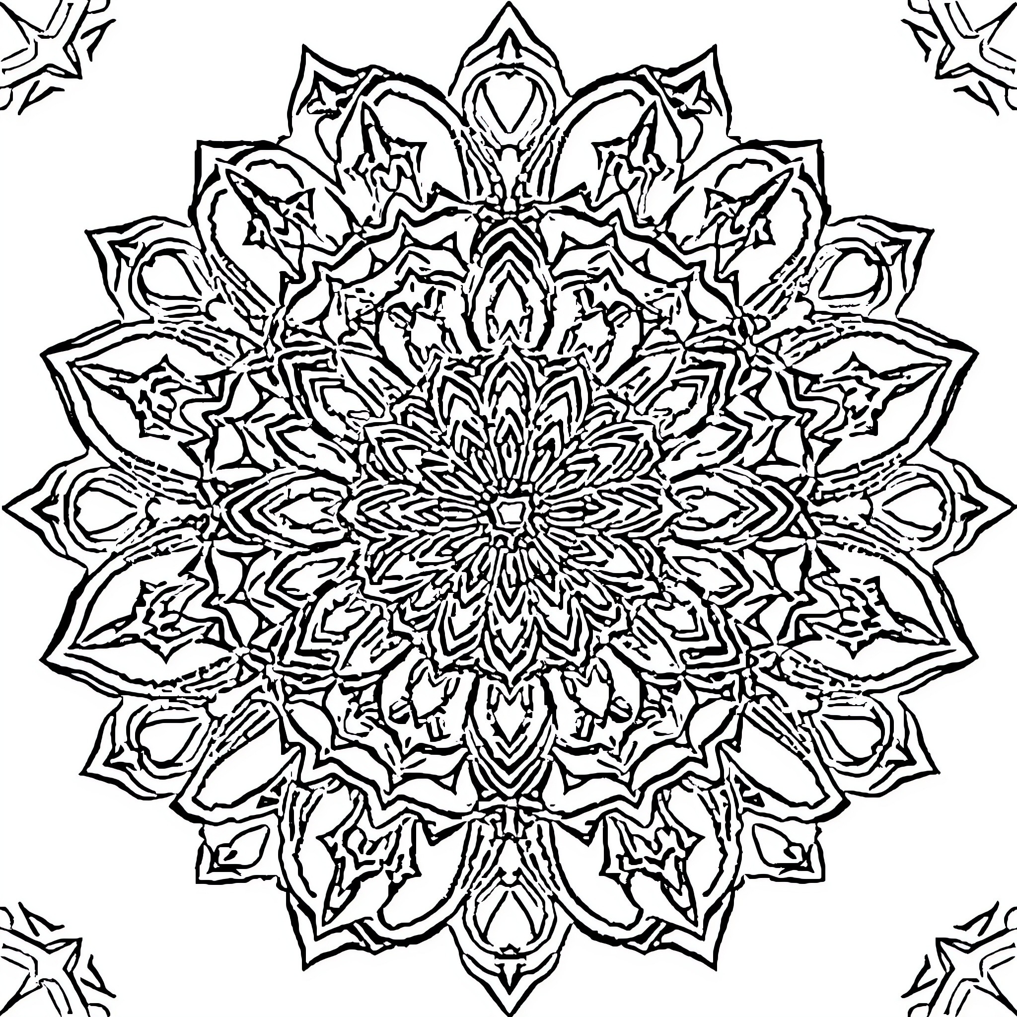 Mandala of intricate floral patterns Coloring Page (free black-and-white line drawing printable PDF for all, from beginners to advanced learners, including children, teens, adults, and seniors)