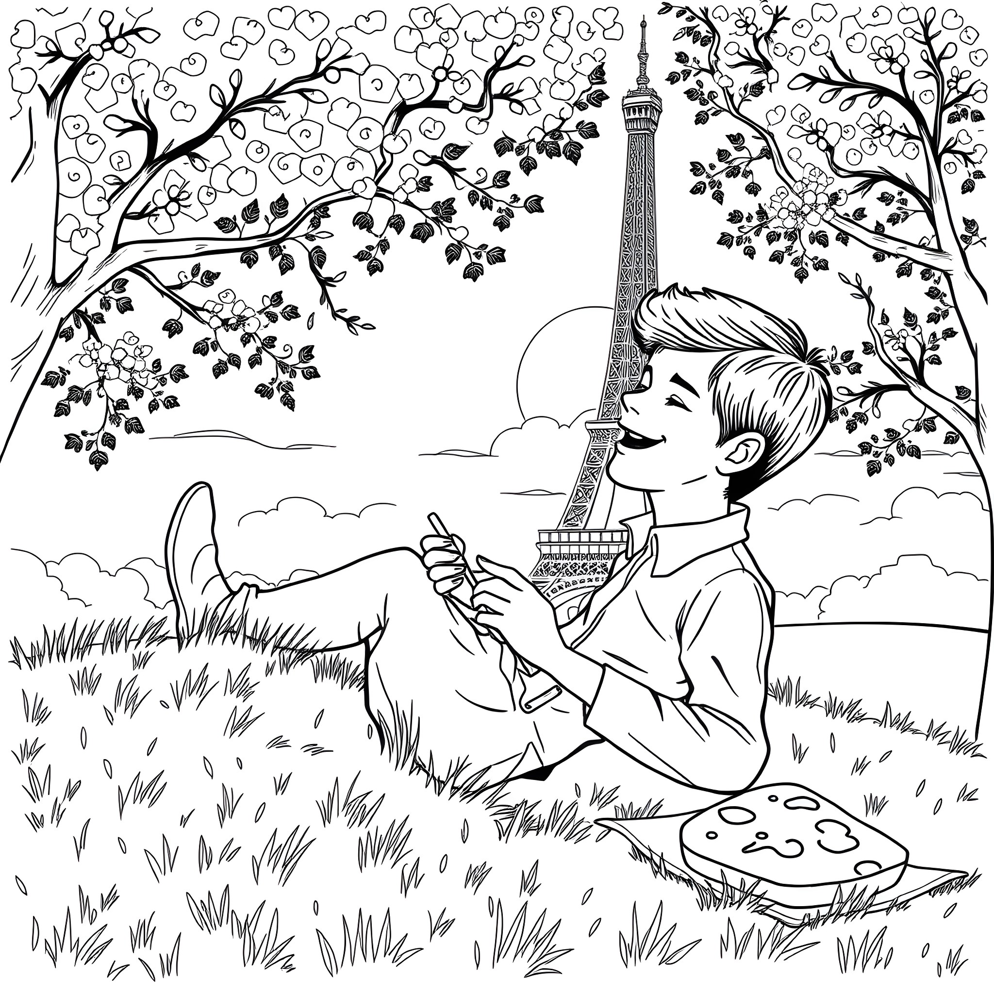JFK Jr. Enjoying a Peaceful Moment in Paris Coloring Page (free black-and-white line drawing printable PDF for all, from beginners to advanced learners, including children, teens, adults, and seniors)