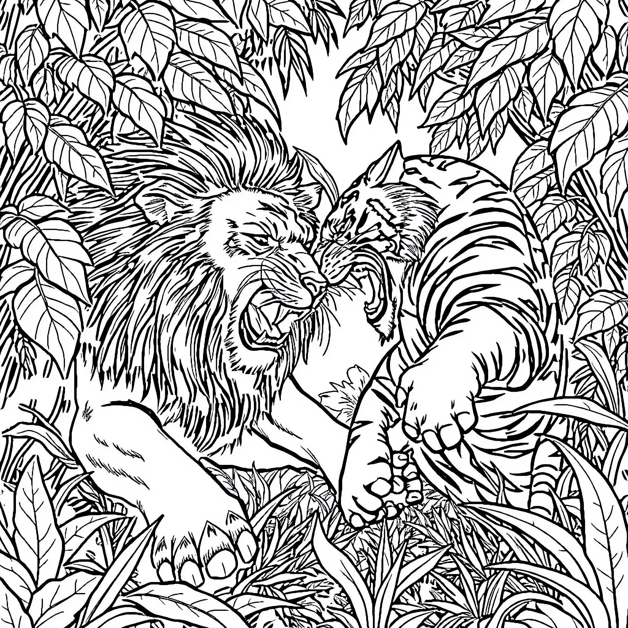 Lion vs Tiger in Lush Jungle Foliage Coloring Page (free black-and-white line drawing printable PDF for all, from beginners to advanced learners, including children, teens, adults, and seniors)