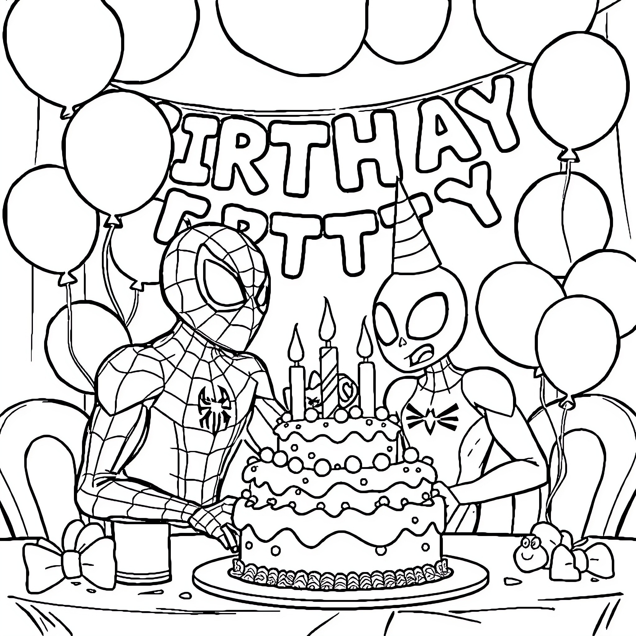 Spidey's Birthday Party with Cake and Balloons Coloring Page (free black-and-white line drawing printable PDF for all, from beginners to advanced learners, including children, teens, adults, and seniors)