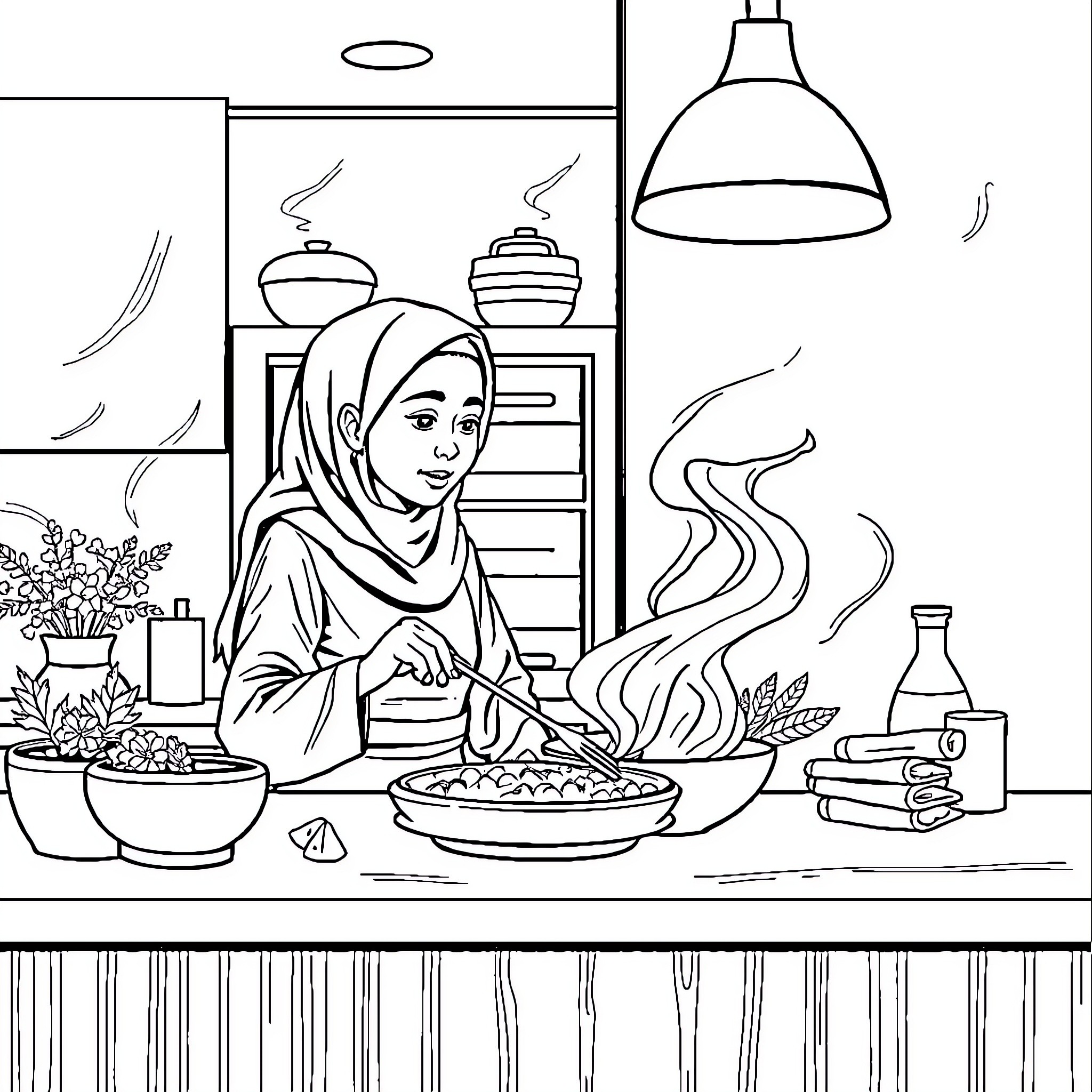 Pemuda Cooking Delicious Meal in Kitchen Coloring Page (free black-and-white line drawing printable PDF for all, from beginners to advanced learners, including children, teens, adults, and seniors)