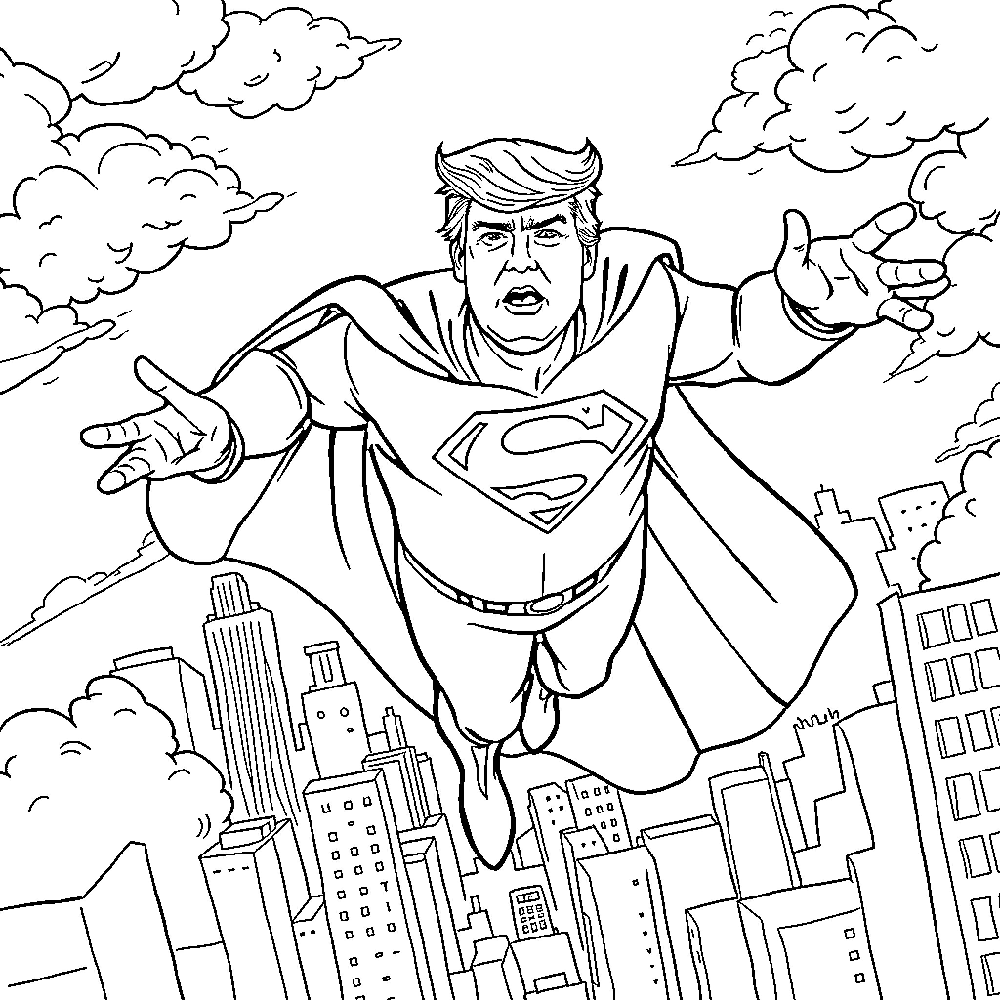 Donald Trump as a Superhero Flying over City Coloring Page (free black-and-white line drawing printable PDF for all, from beginners to advanced learners, including children, teens, adults, and seniors)
