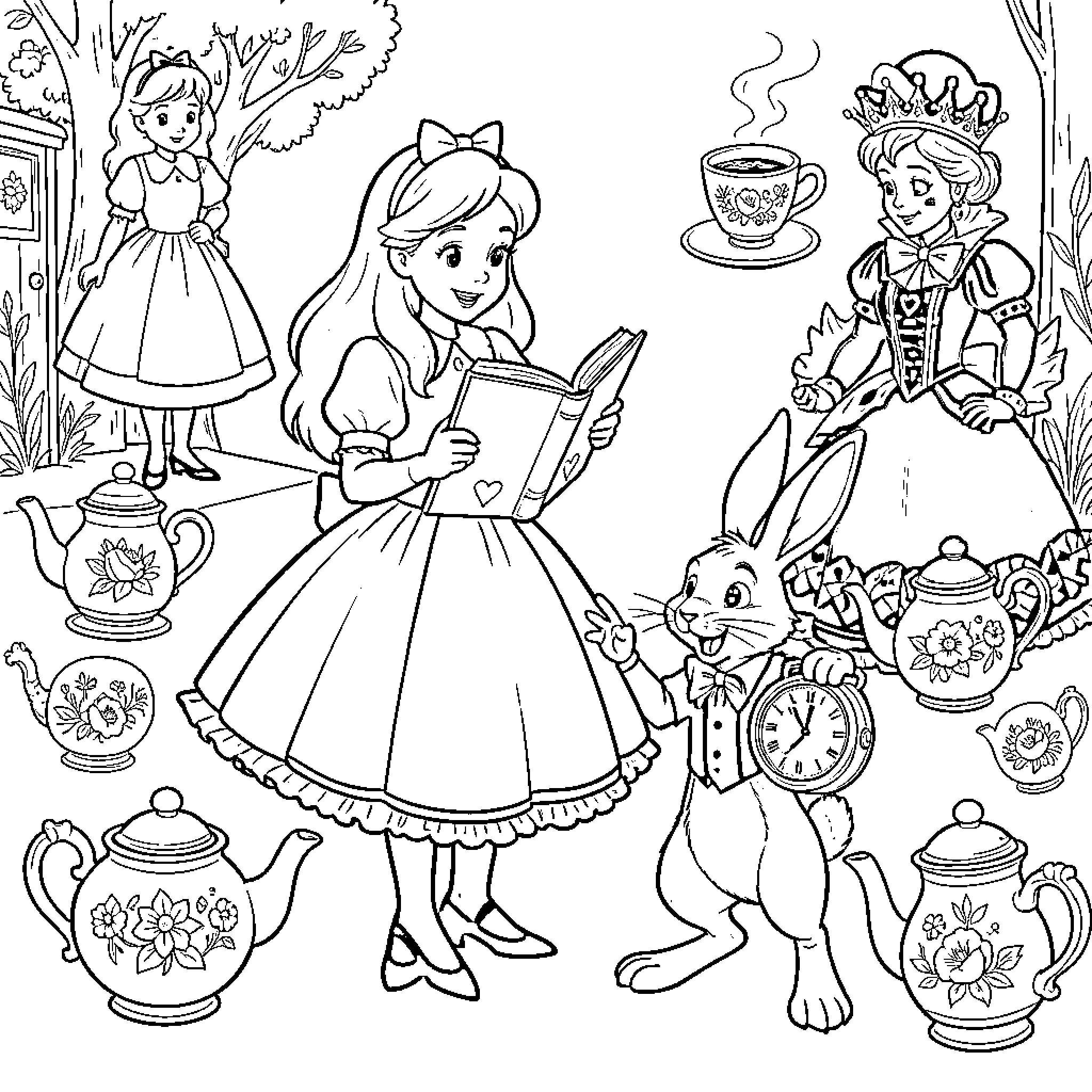 Alice's Enchanting Adventures in Wonderland Coloring Page (free black-and-white line drawing printable PDF for all, from beginners to advanced learners, including children, teens, adults, and seniors)