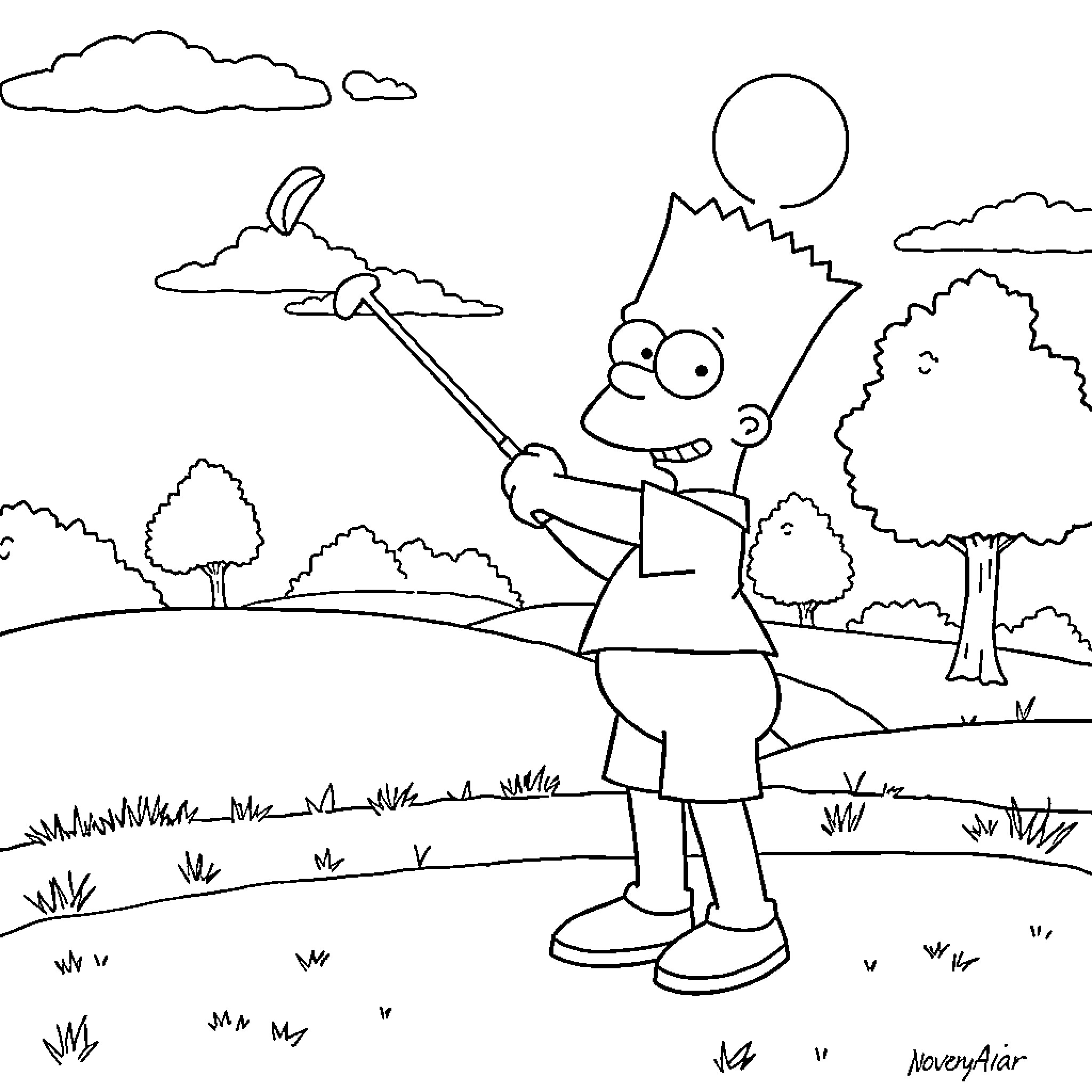 Bart Simpson enjoying the outdoors on a sunny day Coloring Page (free black-and-white line drawing printable PDF for all, from beginners to advanced learners, including children, teens, adults, and seniors)