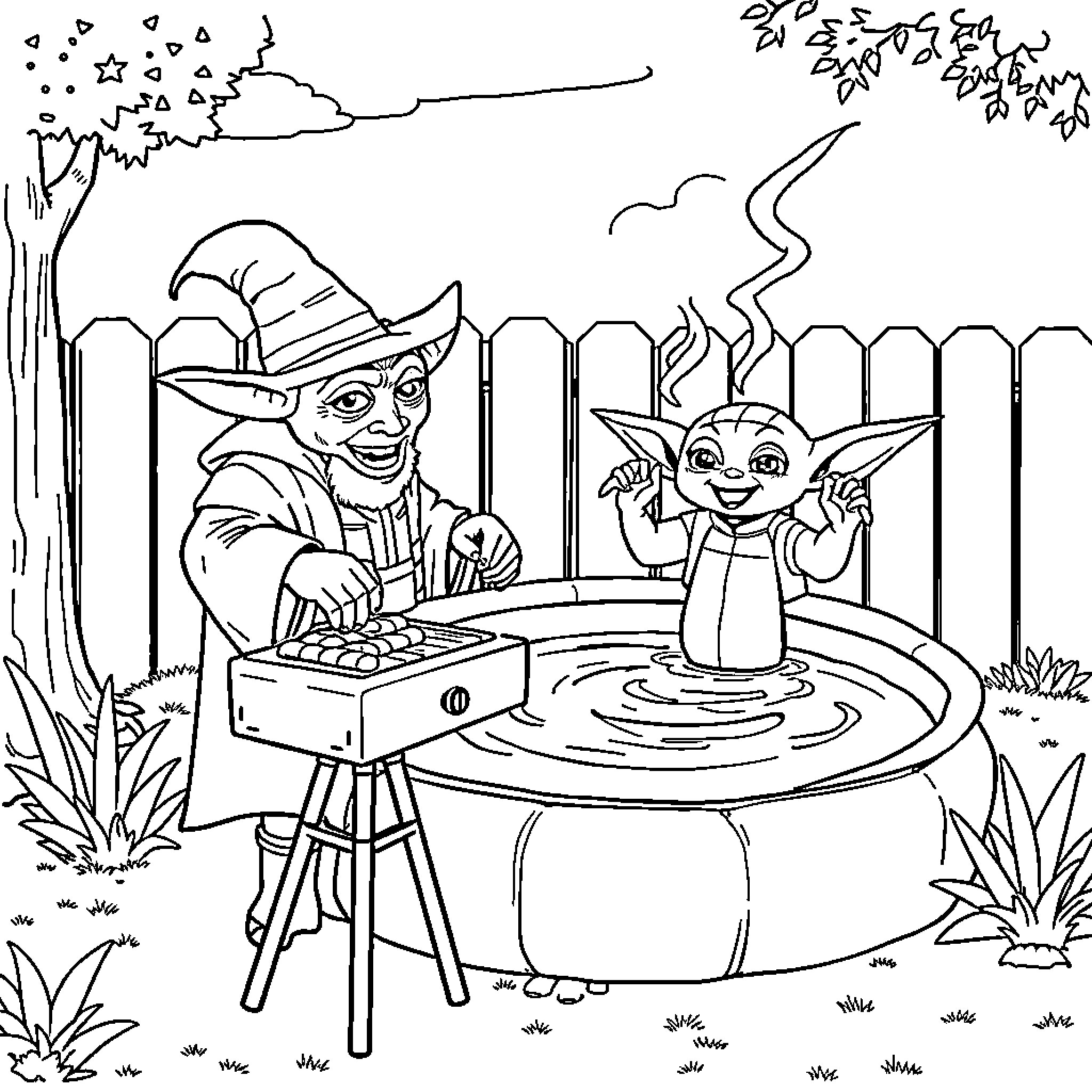 Yoda and Baby Yoda playing with electronic device in the woods Coloring Page (free black-and-white line drawing printable PDF for all, from beginners to advanced learners, including children, teens, adults, and seniors)