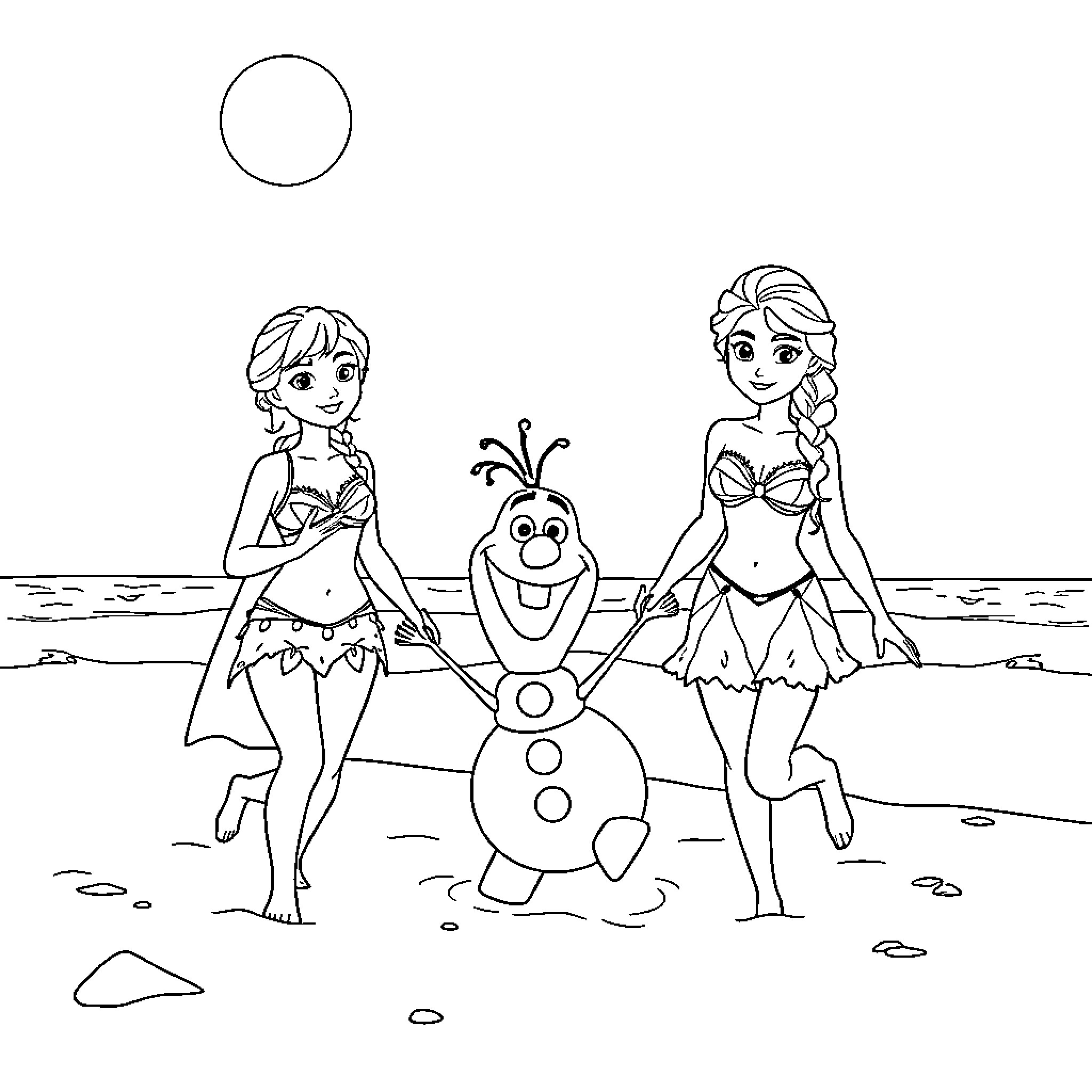Anna and Elsa building a snowman on the beach Coloring Page (free black-and-white line drawing printable PDF for all, from beginners to advanced learners, including children, teens, adults, and seniors)