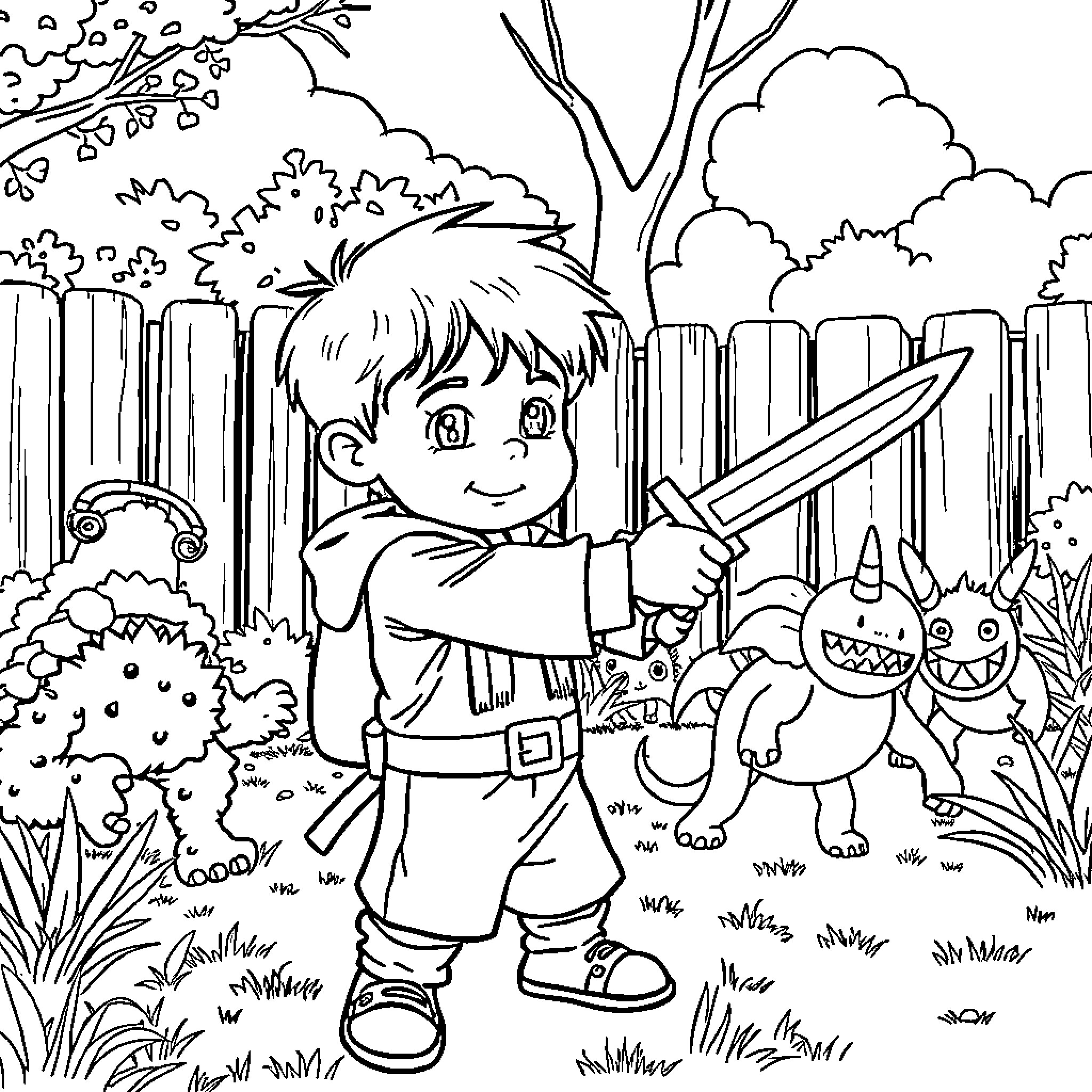 Boy explores nature with animal friends Coloring Page (free black-and-white line drawing printable PDF for all, from beginners to advanced learners, including children, teens, adults, and seniors)