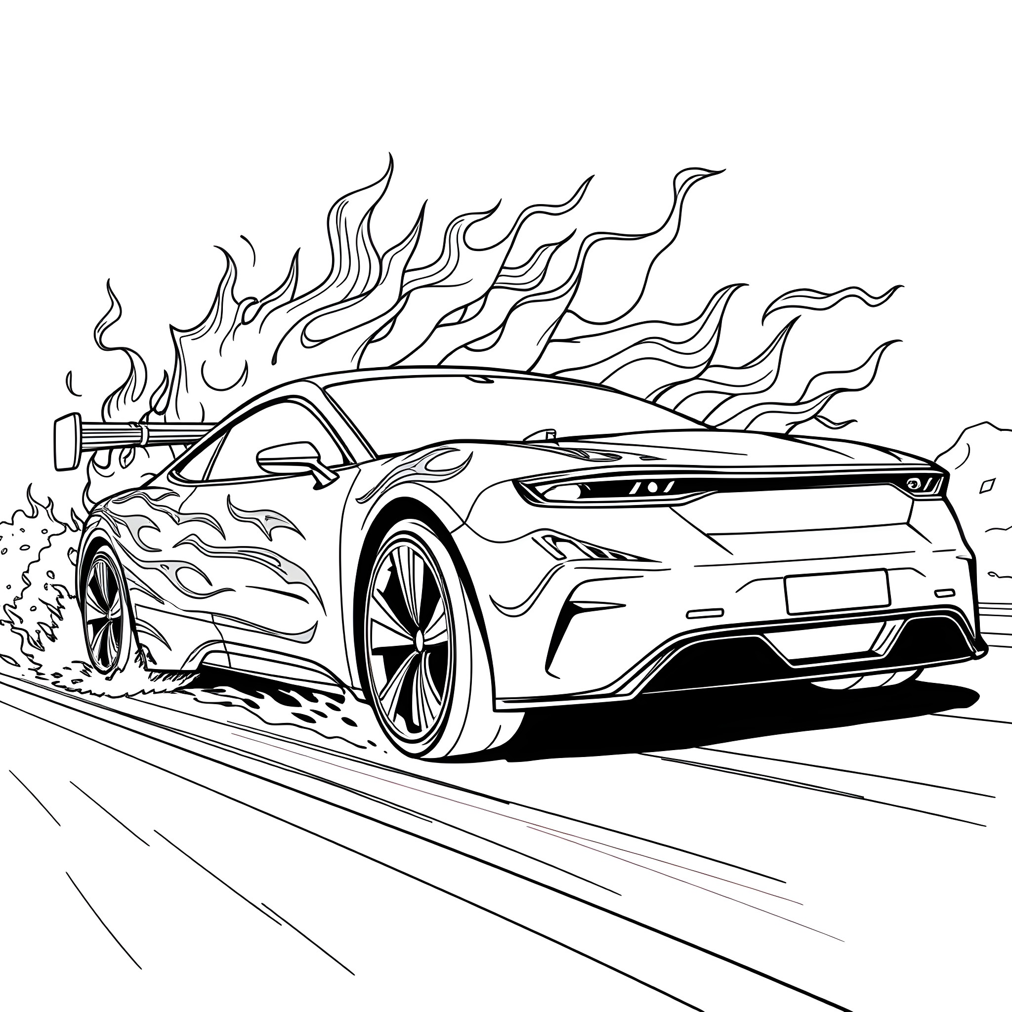 Car speeding with flame design on the body Coloring Page (free black-and-white line drawing printable PDF for all, from beginners to advanced learners, including children, teens, adults, and seniors)