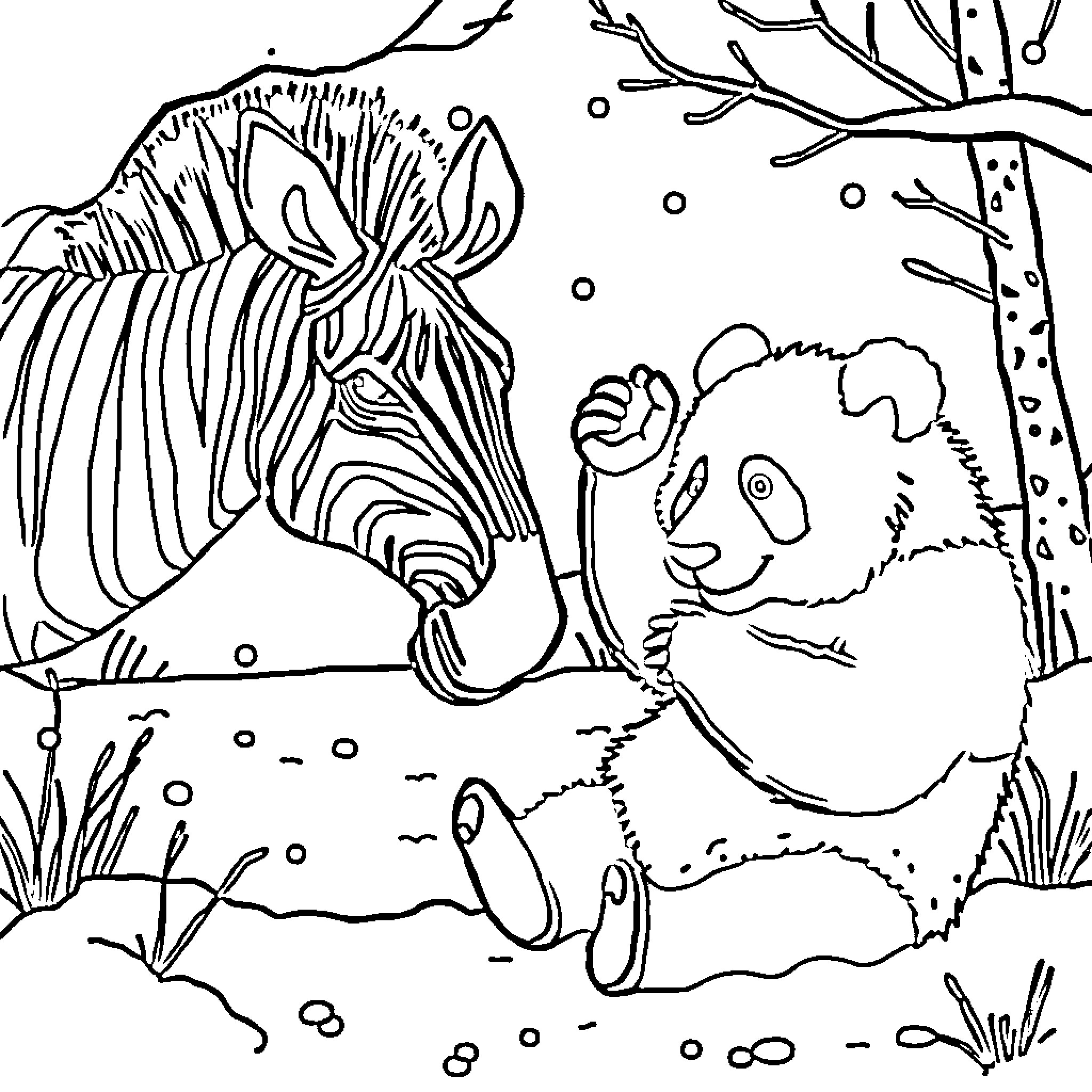 Zebra and Panda in Snowy Forest Coloring Page (free black-and-white line drawing printable PDF for all, from beginners to advanced learners, including children, teens, adults, and seniors)