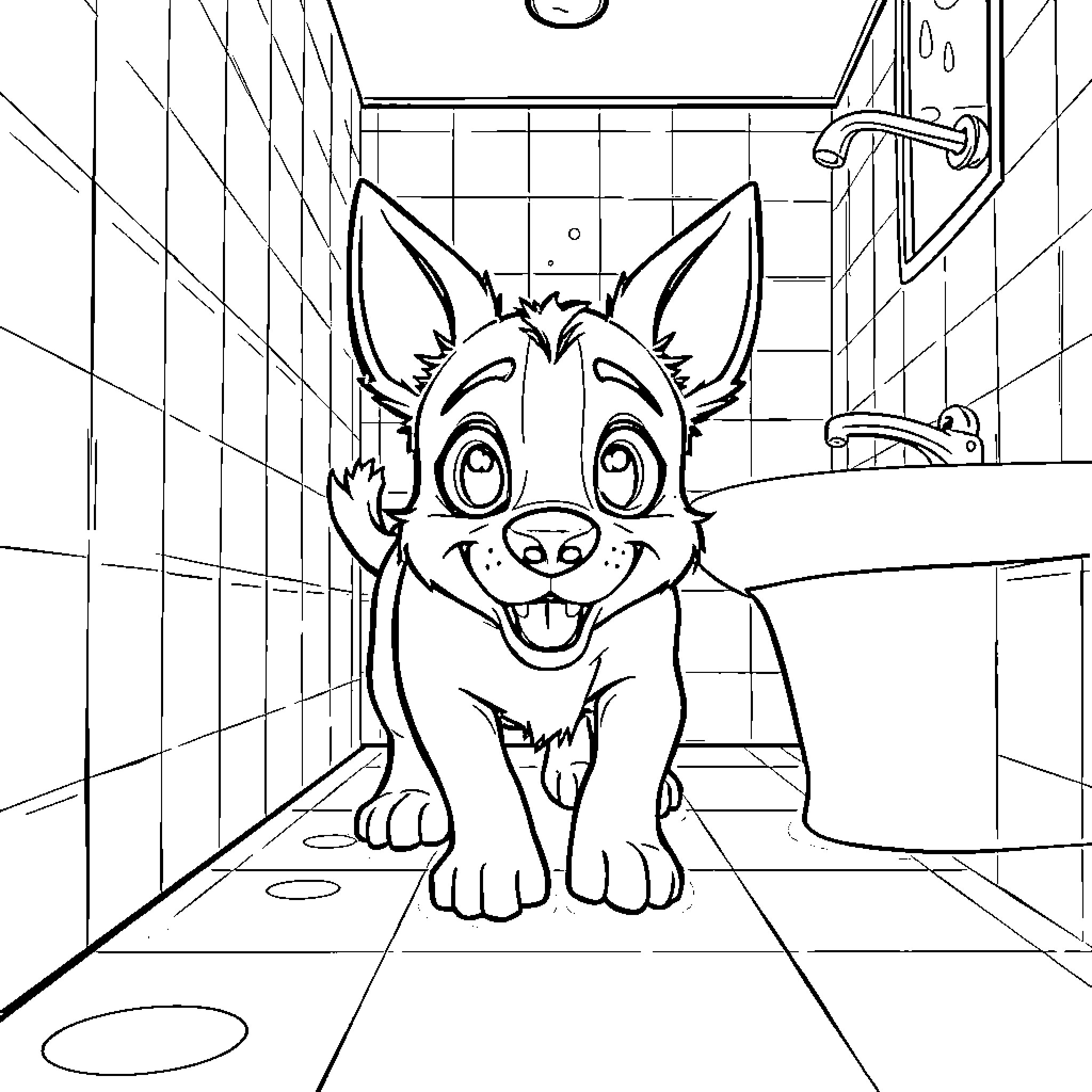 Dog exploring a bathroom interior Coloring Page (free black-and-white line drawing printable PDF for all, from beginners to advanced learners, including children, teens, adults, and seniors)