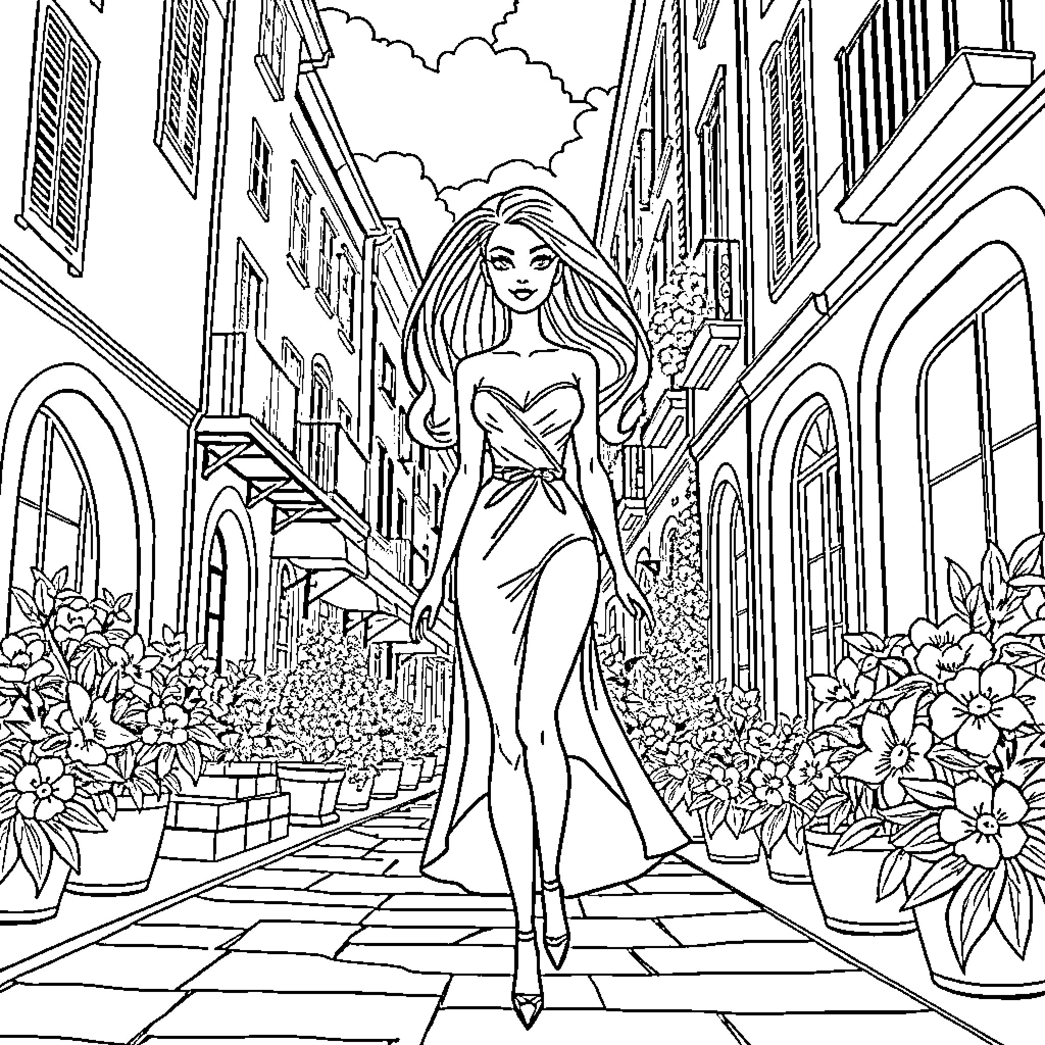Barbie walking confidently down a city street Coloring Page (free black-and-white line drawing printable PDF for all, from beginners to advanced learners, including children, teens, adults, and seniors)