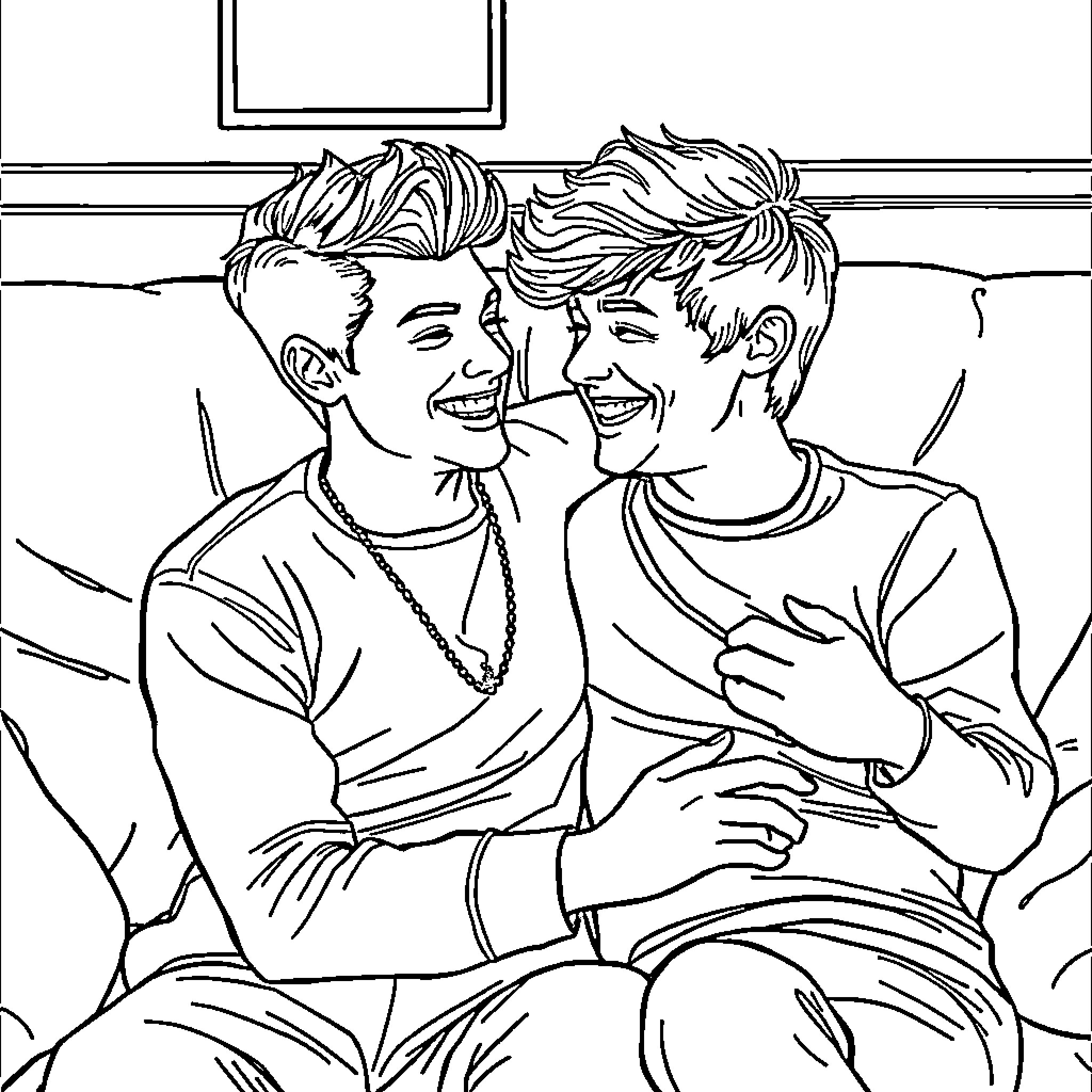 Harry Styles Sharing Joyful Moment with Friend Coloring Page (free black-and-white line drawing printable PDF for all, from beginners to advanced learners, including children, teens, adults, and seniors)