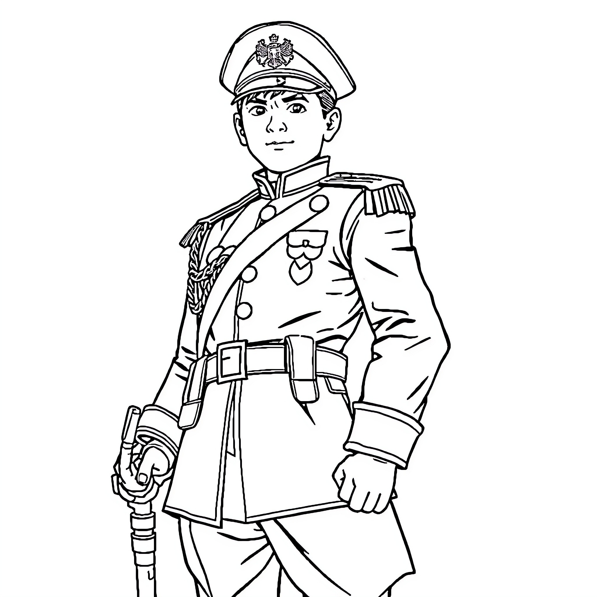Goyo the Brave Military Officer Standing Tall Coloring Page (free black-and-white line drawing printable PDF for all, from beginners to advanced learners, including children, teens, adults, and seniors)