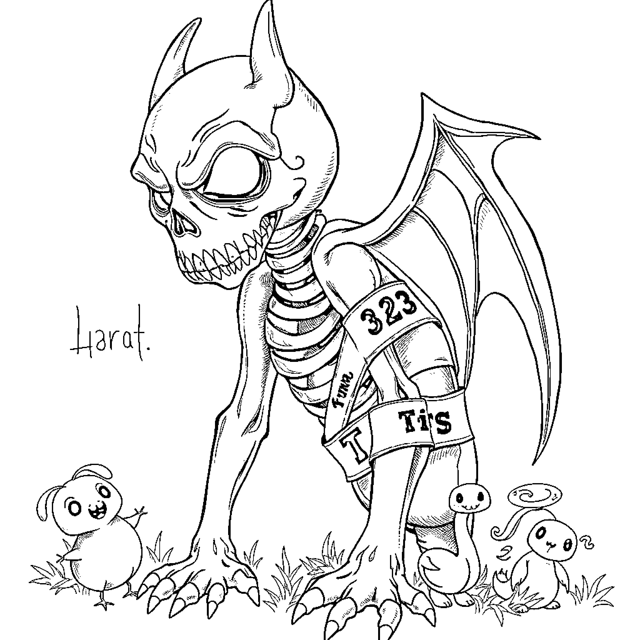 Pumpkin Creature Surrounded by Whimsical Characters Coloring Page (free black-and-white line drawing printable PDF for all, from beginners to advanced learners, including children, teens, adults, and seniors)