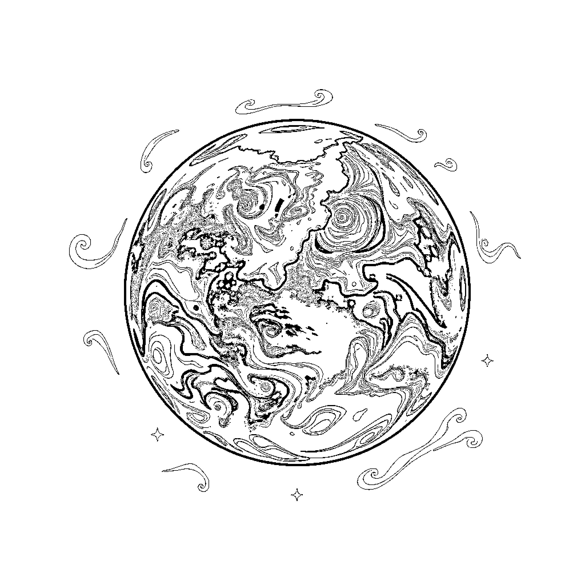 Earth's Enchanting Patterns and Shapes Coloring Page (free black-and-white line drawing printable PDF for all, from beginners to advanced learners, including children, teens, adults, and seniors)