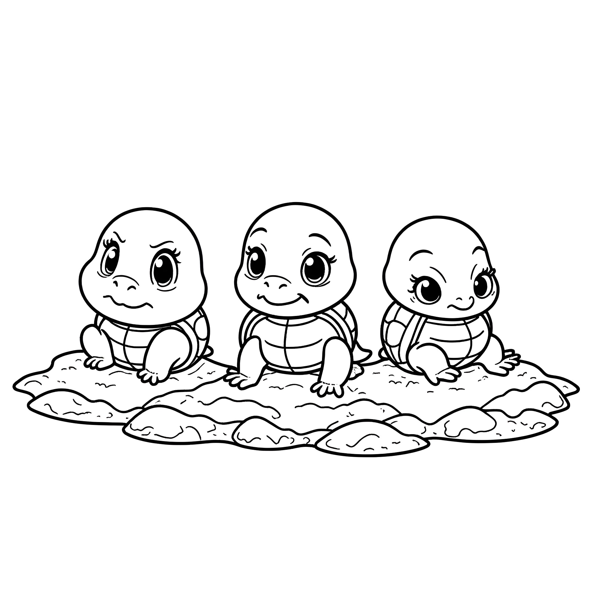 Turtle friends sitting together on the ground Coloring Page (free black-and-white line drawing printable PDF for all, from beginners to advanced learners, including children, teens, adults, and seniors)