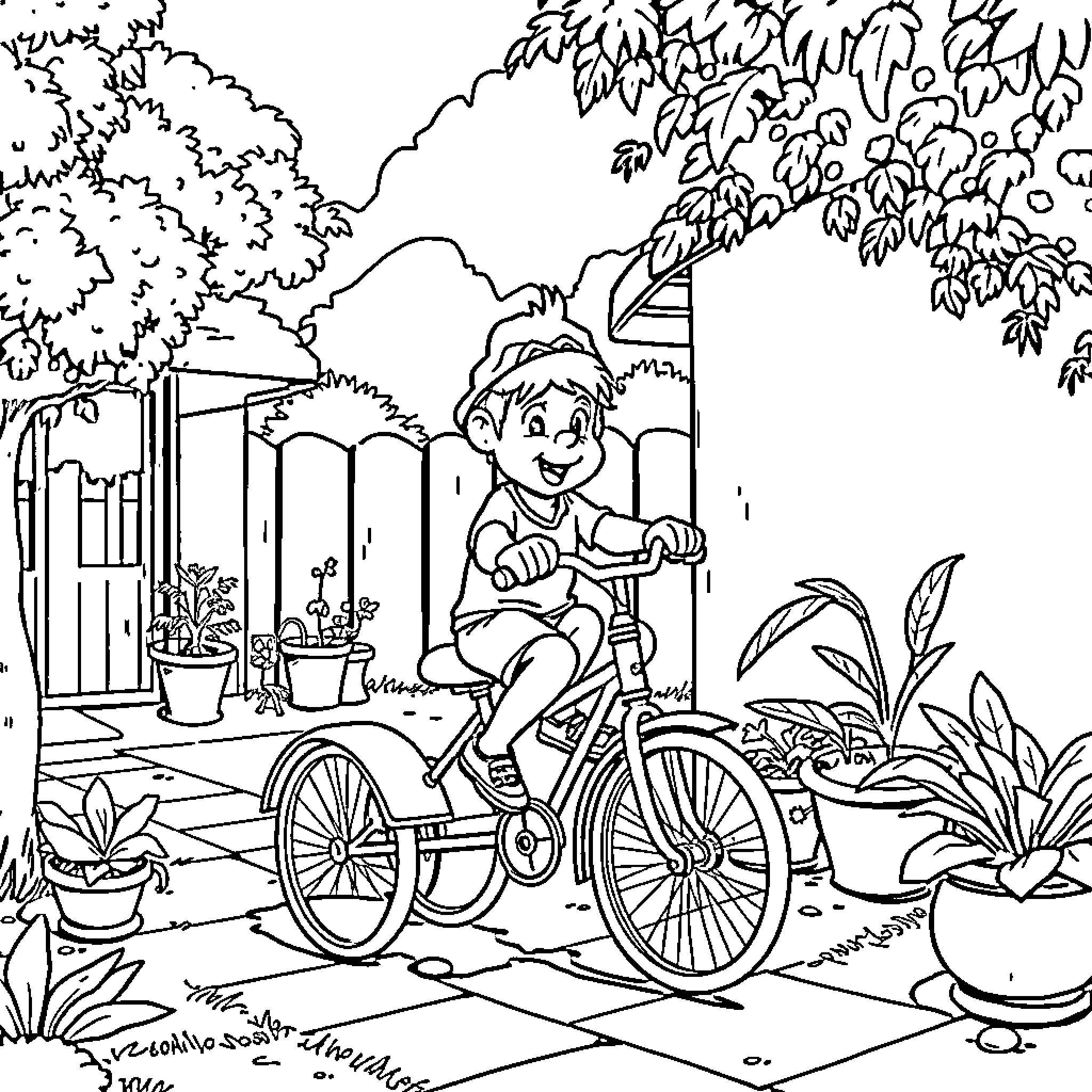 Chavo riding his bicycle in the garden Coloring Page (free black-and-white line drawing printable PDF for all, from beginners to advanced learners, including children, teens, adults, and seniors)