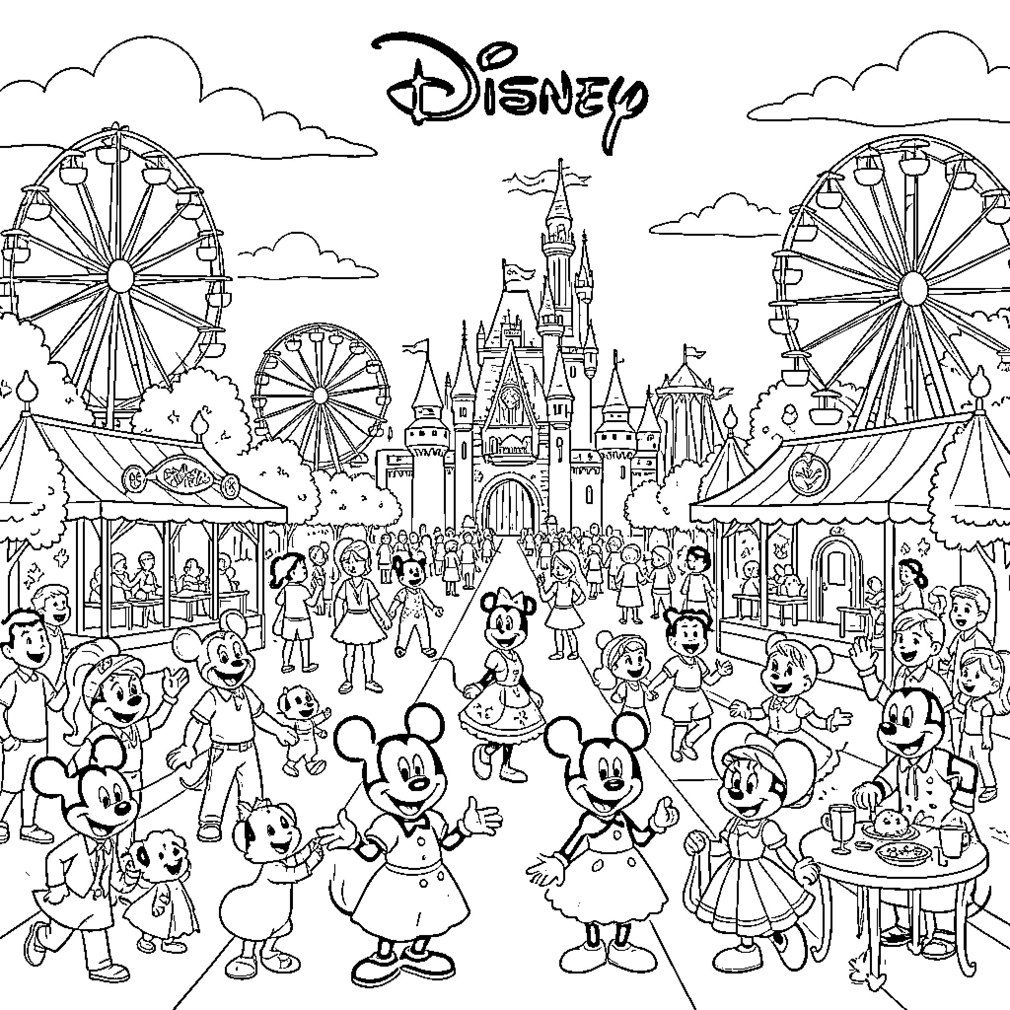 Disney Characters Enjoying Carnival Rides and Attractions Coloring Page (free black-and-white line drawing printable PDF for all, from beginners to advanced learners, including children, teens, adults, and seniors)