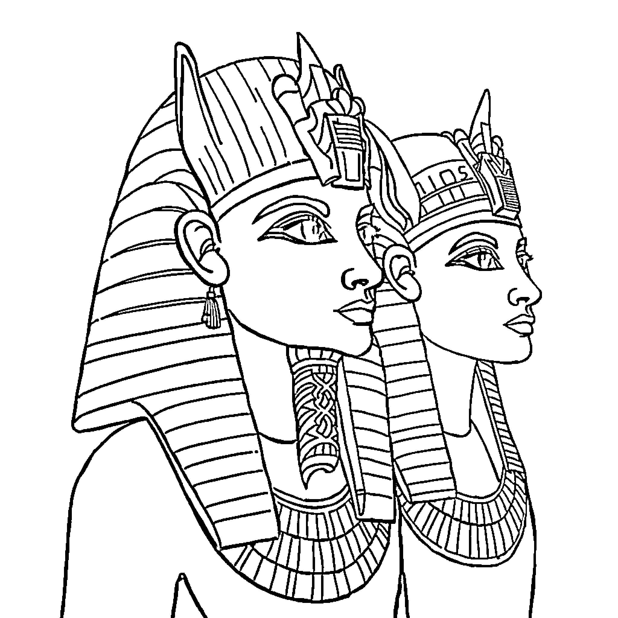 Egyptian God rulers wearing ornate headdresses Coloring Page (free black-and-white line drawing printable PDF for all, from beginners to advanced learners, including children, teens, adults, and seniors)