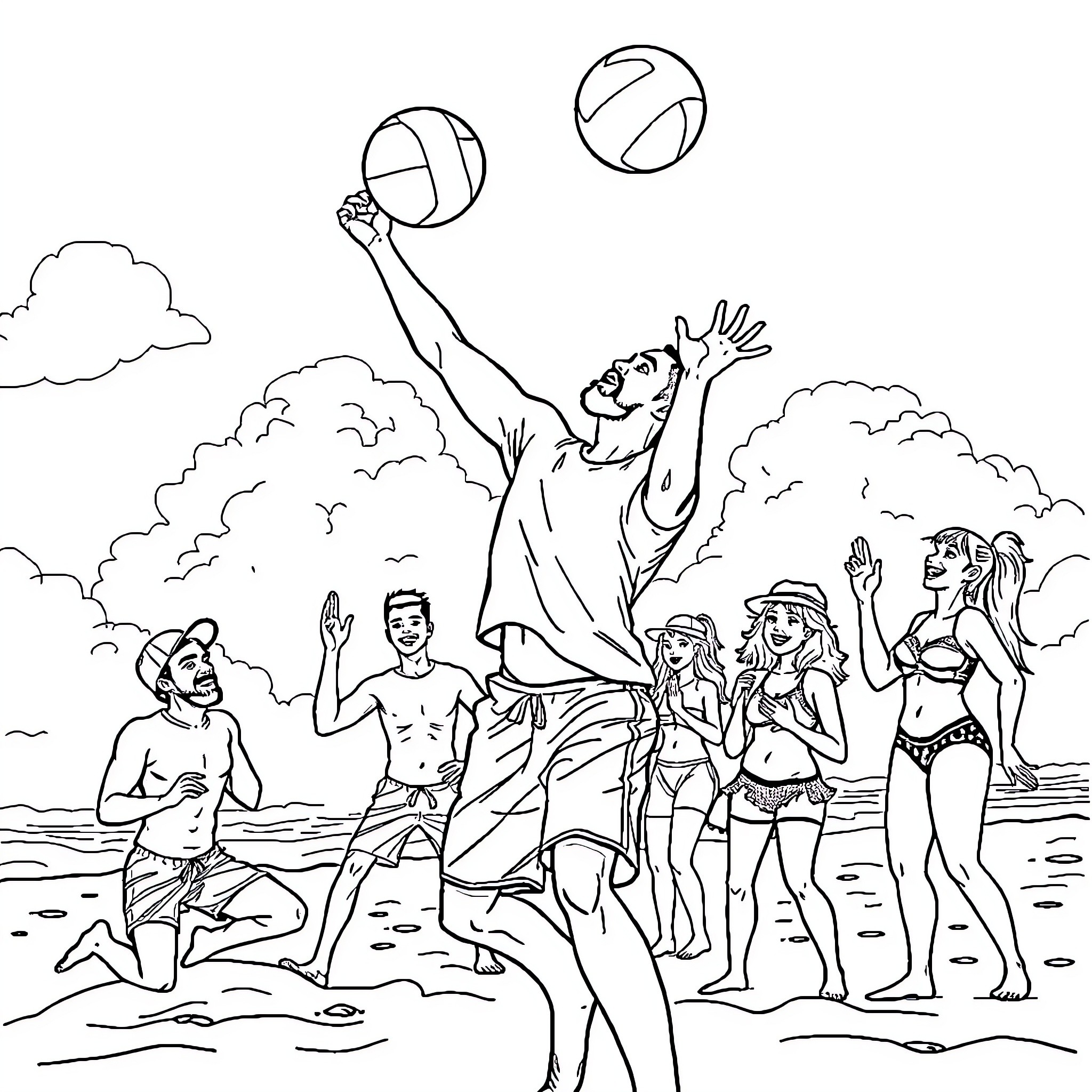 Drake's Beach Party with Friends Coloring Page (free black-and-white line drawing printable PDF for all, from beginners to advanced learners, including children, teens, adults, and seniors)