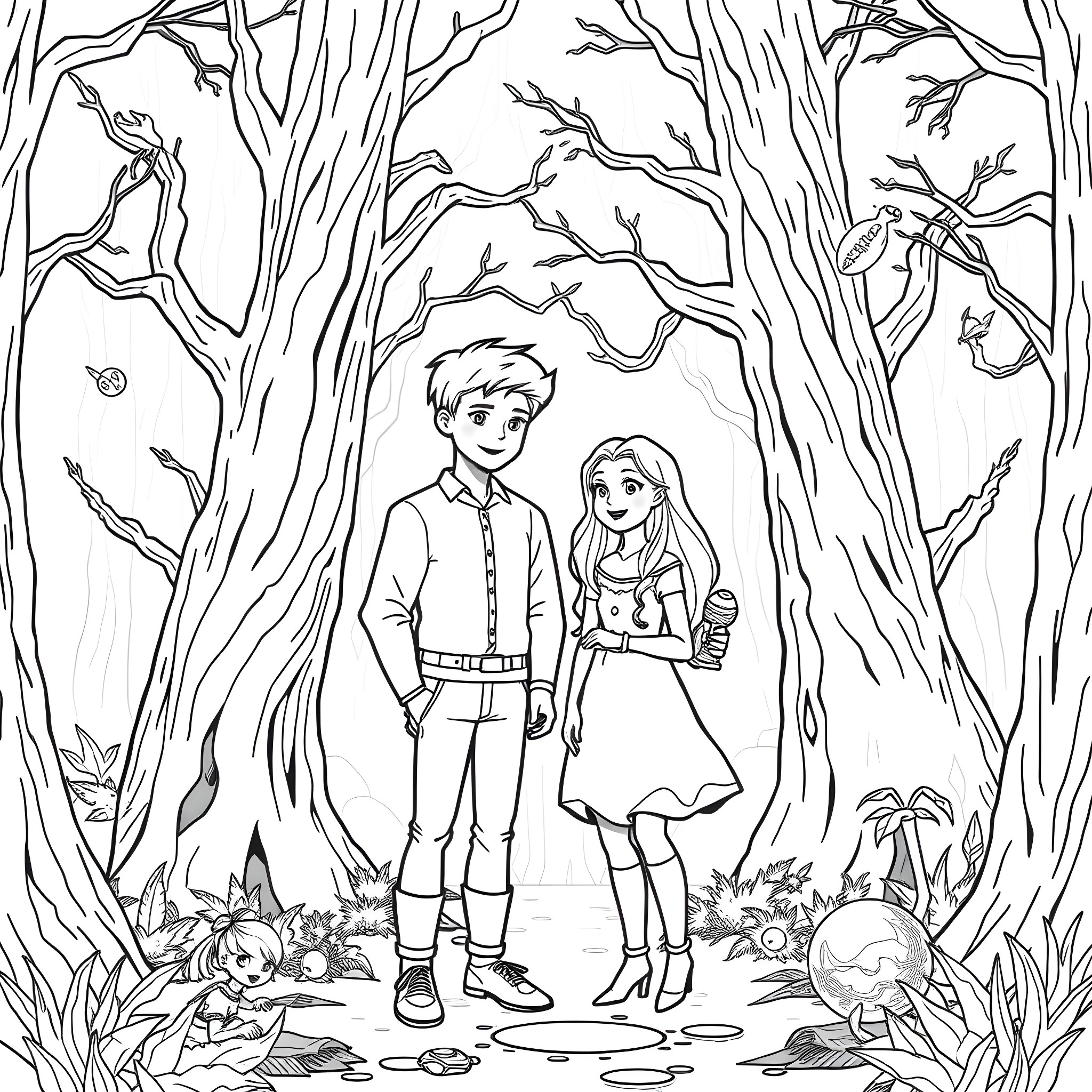 Sebastian Sallow and Fable exploring the enchanted forest Coloring Page (free black-and-white line drawing printable PDF for all, from beginners to advanced learners, including children, teens, adults, and seniors)