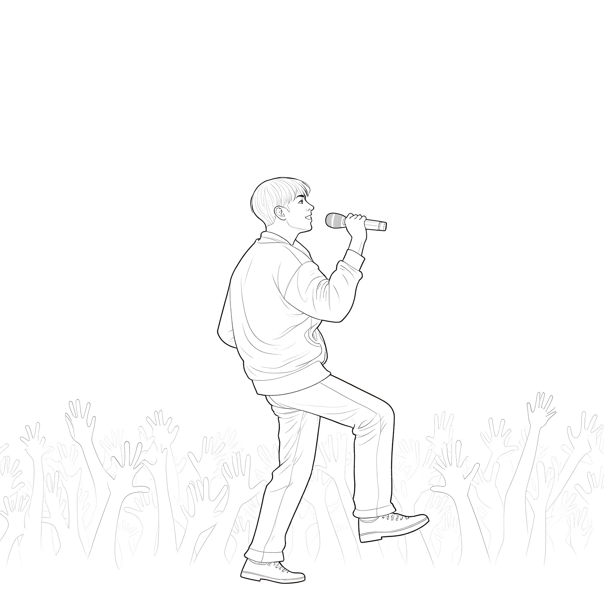 Suga performing on stage with microphone Coloring Page (free black-and-white line drawing printable PDF for all, from beginners to advanced learners, including children, teens, adults, and seniors)
