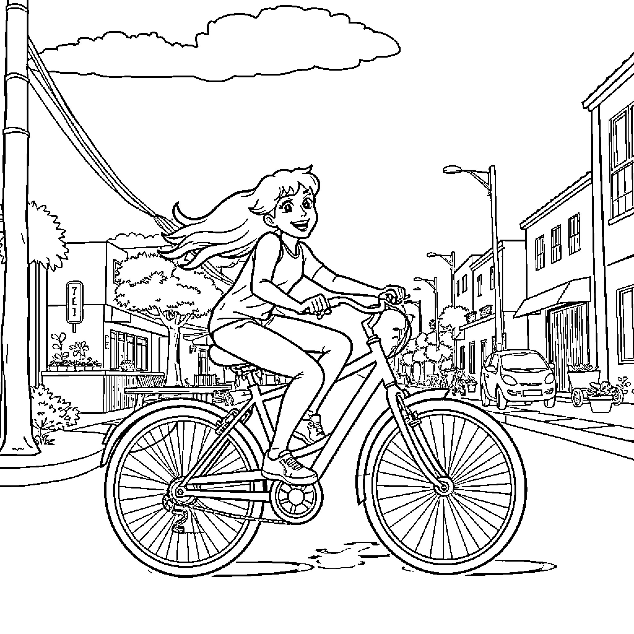 Bluey's Cycling Adventure through the City Coloring Page (free black-and-white line drawing printable PDF for all, from beginners to advanced learners, including children, teens, adults, and seniors)