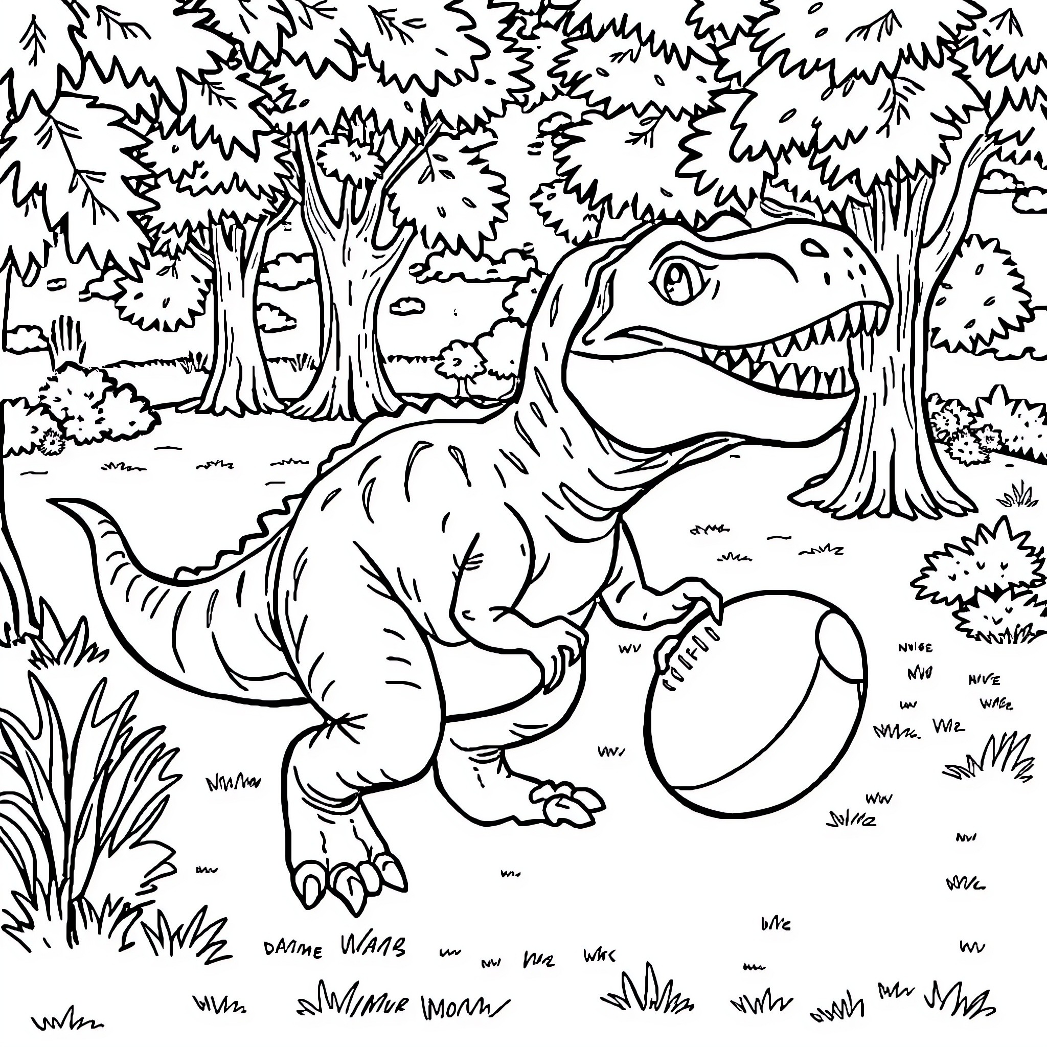 T-Rex exploring the forest wilderness Coloring Page (free black-and-white line drawing printable PDF for all, from beginners to advanced learners, including children, teens, adults, and seniors)