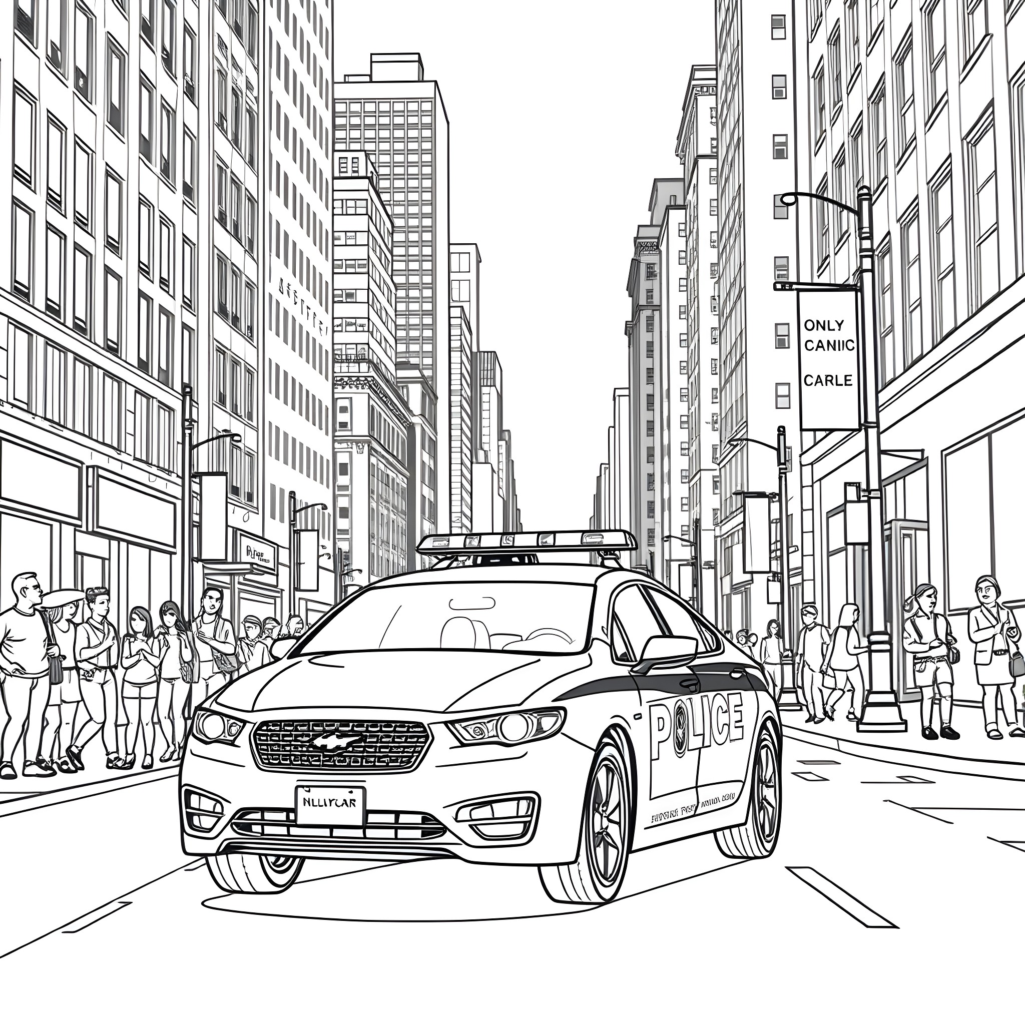 Police Car on Busy City Street Coloring Page (free black-and-white line drawing printable PDF for all, from beginners to advanced learners, including children, teens, adults, and seniors)