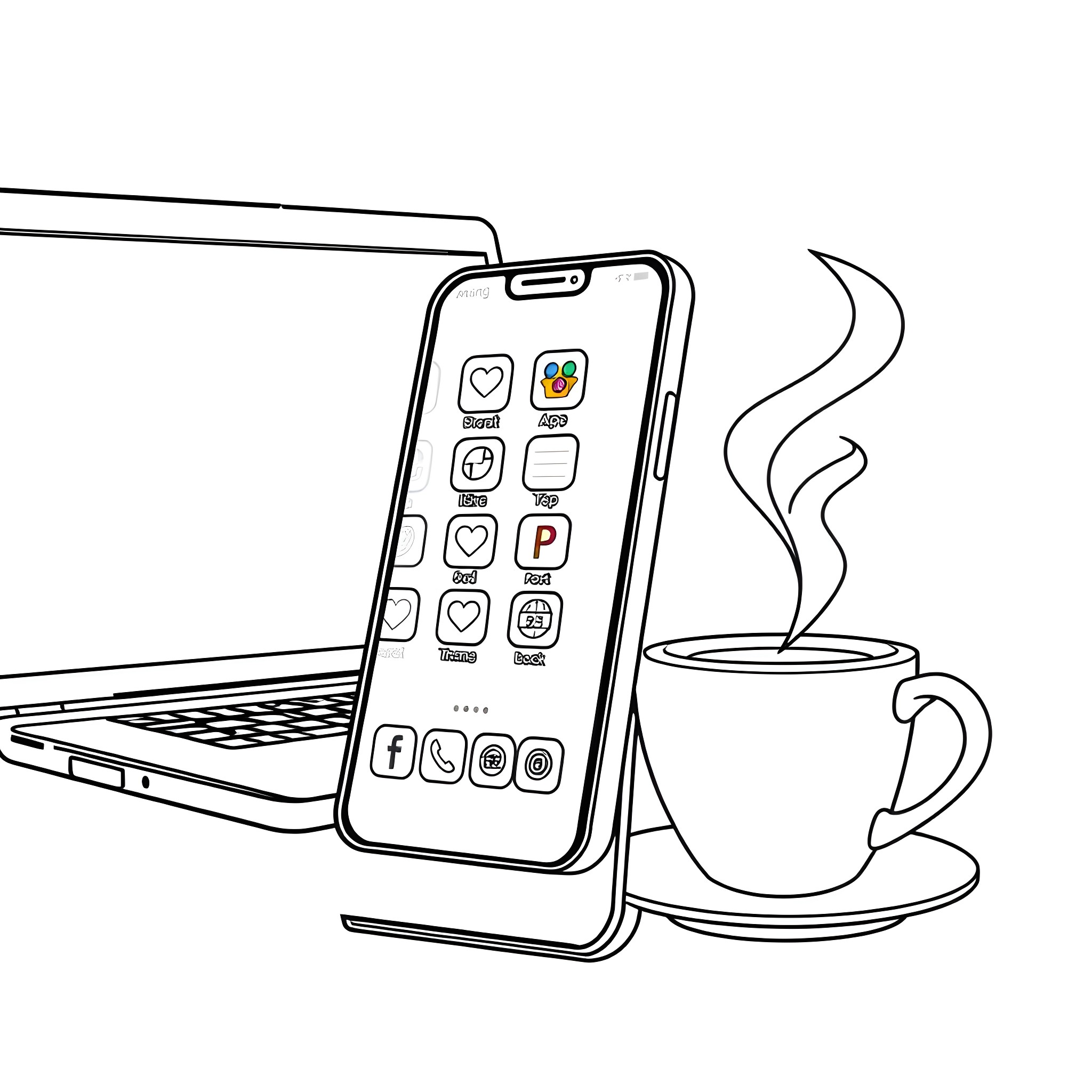iPhone with apps and hot coffee on laptop Coloring Page (free black-and-white line drawing printable PDF for all, from beginners to advanced learners, including children, teens, adults, and seniors)